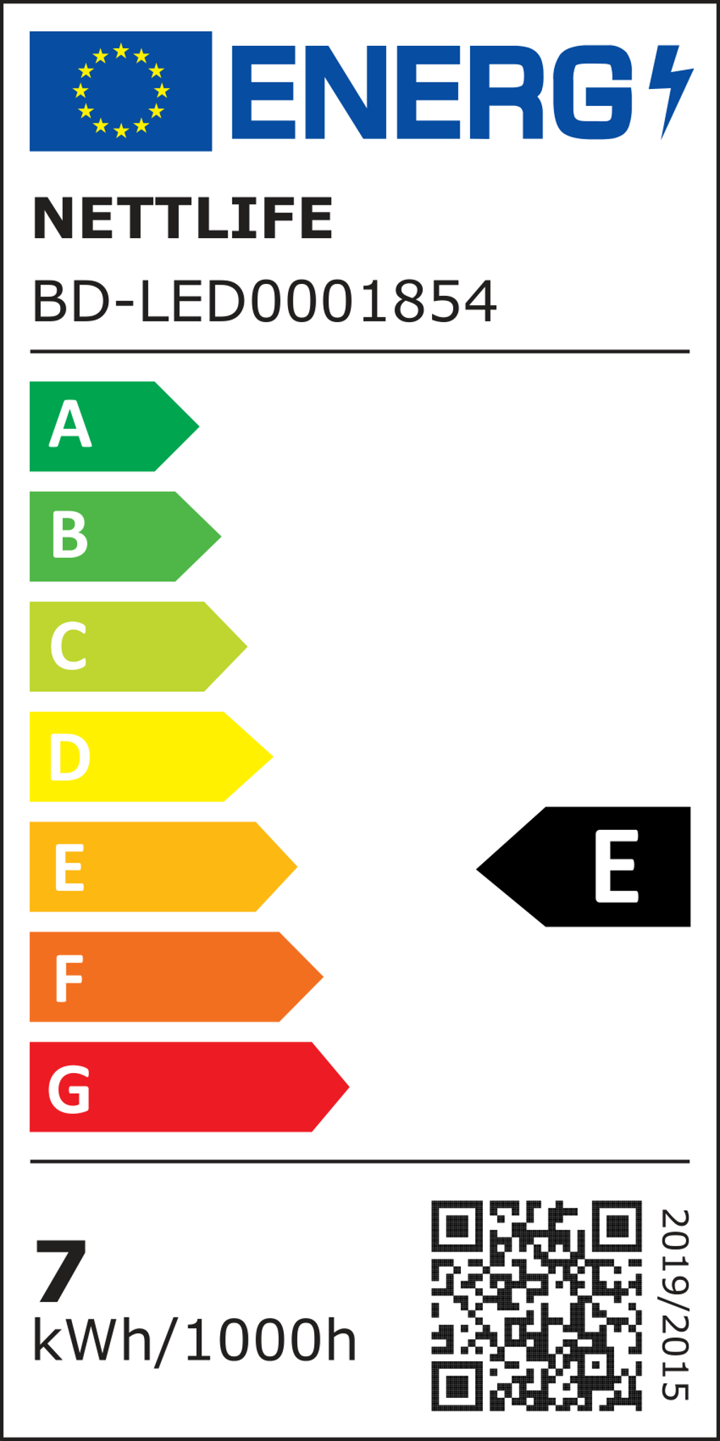 Etichetta energetica per una lampada. Ha un logo UE e testo. Mostra le classi di efficienza energetica da A a G, il prodotto è in classe E.