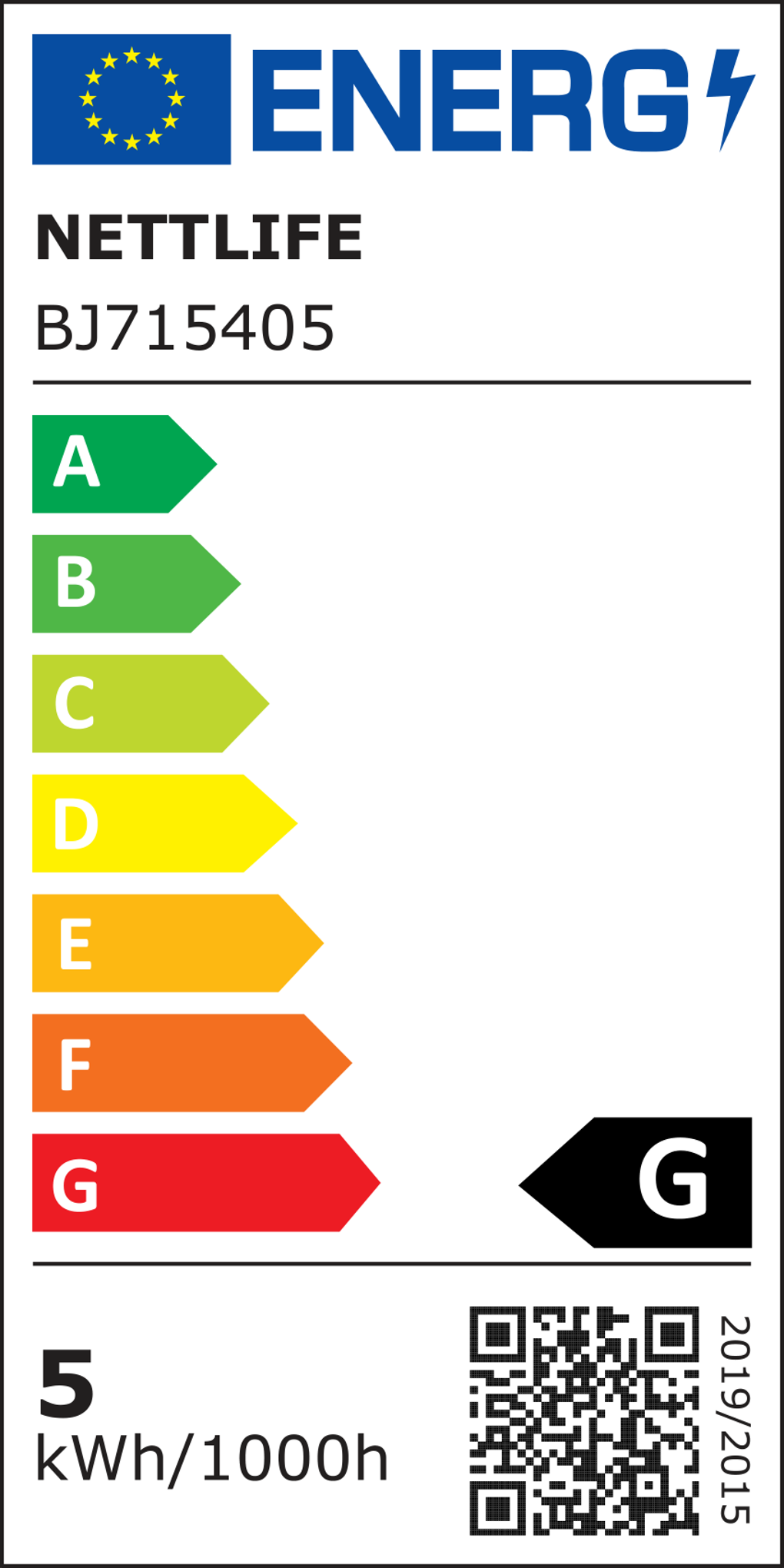 Etichetta energetica con logo UE e testo 'ENERGI'. Mostra una scala da A a G. Il prodotto è classificato G.