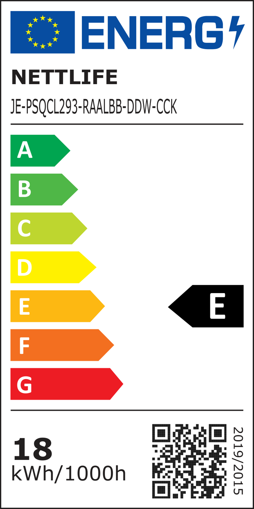 Etykieta energetyczna z logo UE i tekstem 'ENERGI'. Pokazuje klasy A-G. Zawiera kod QR i '18 kWh/1000h'.