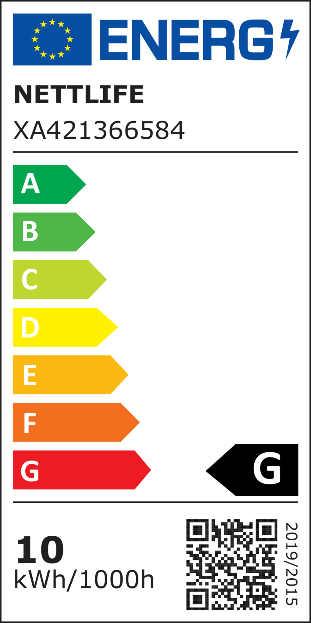 Etichetta energetica con logo UE. Mostra le classi di efficienza energetica da A a G, il prodotto è G.