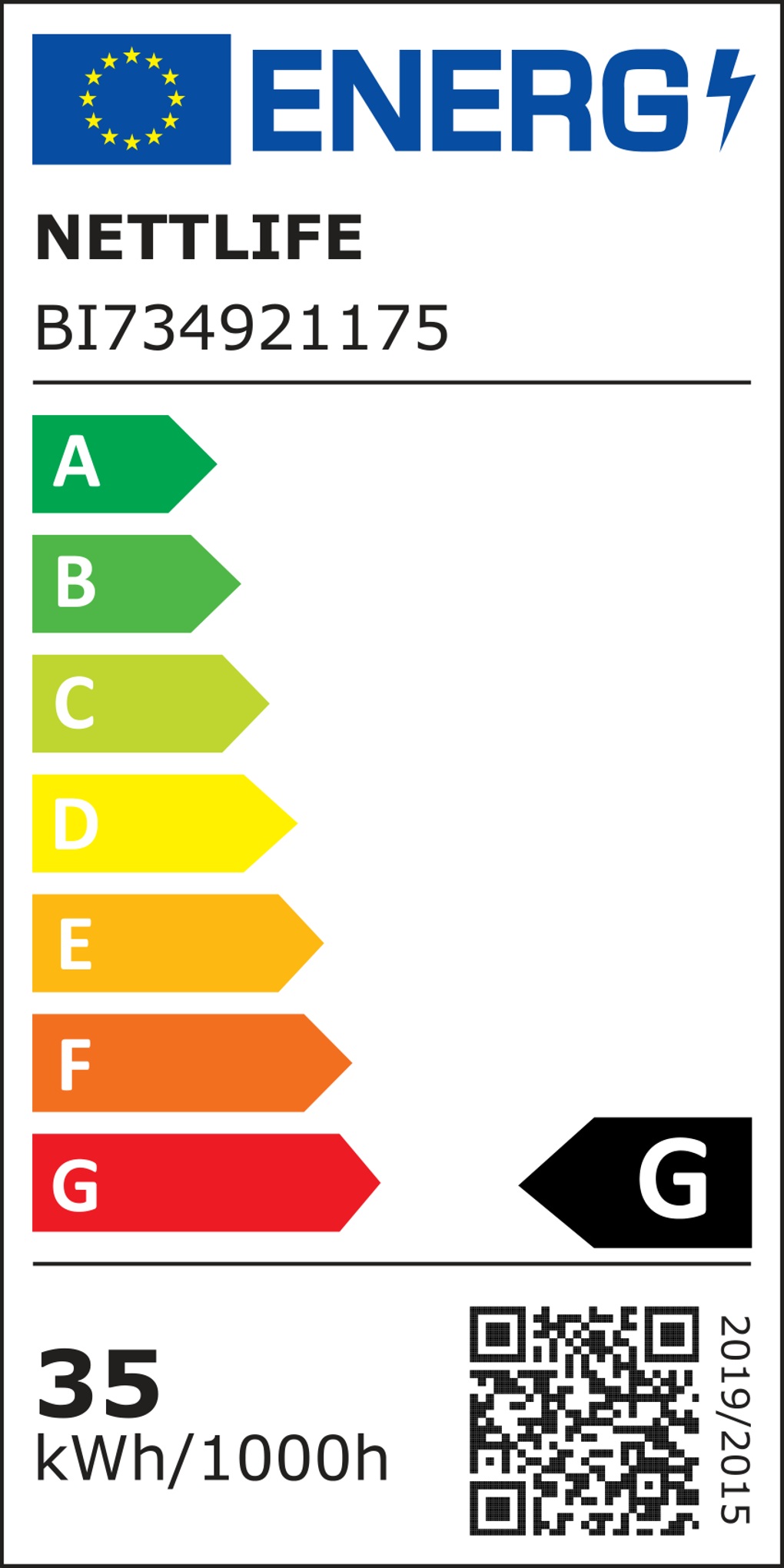 Etichetta energetica. Mostra classi efficienza energetica da A a G. Include marca, modello e dettagli consumo energetico.