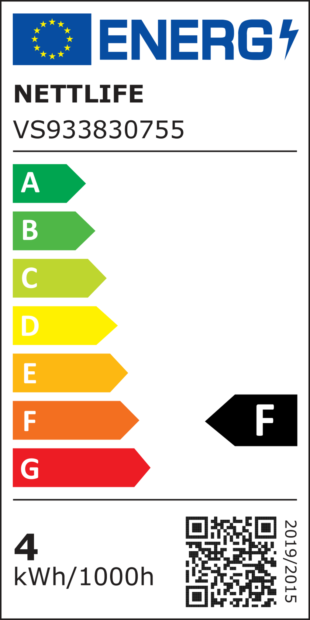 Energielabel für NETTLIFE VS933830755. Zeigt Energieeffizienzklassen von A bis G, F hervorgehoben. QR-Code und kWh/1000h Info.
