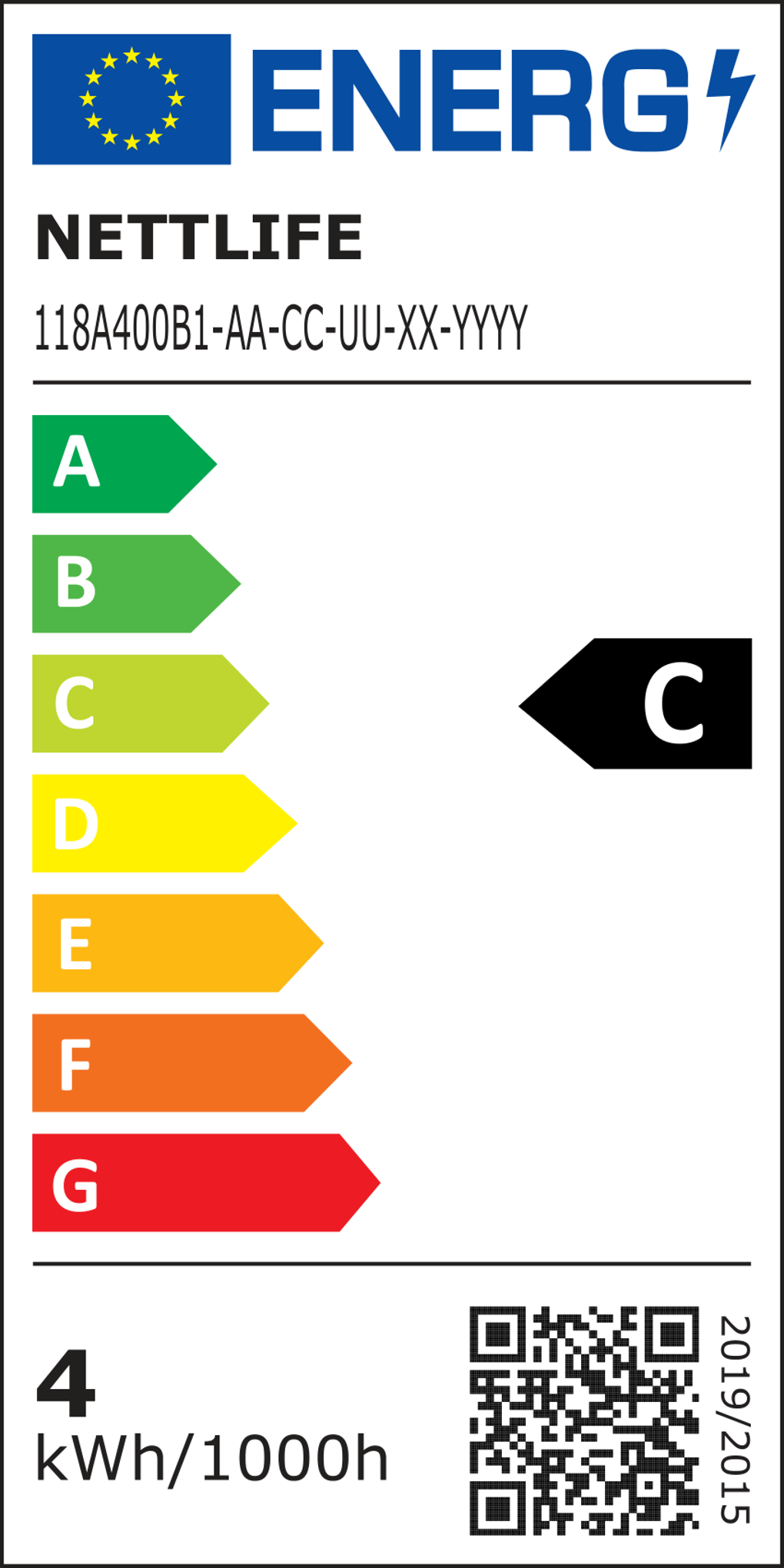 Etykieta energetyczna z logo UE. Wskazuje efektywność energetyczną, pokazując oceny od A do G. 'C' jest podświetlone. Jest kod QR.