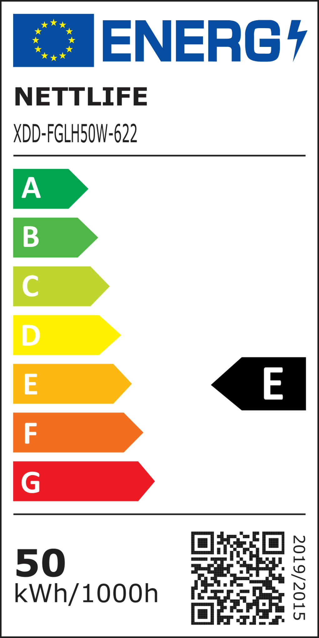 Energielabel mit Bewertung E, mit A-G-Skala und Produktinformationen, einschließlich 'NETTLIFE' und '50 kWh/1000h'.