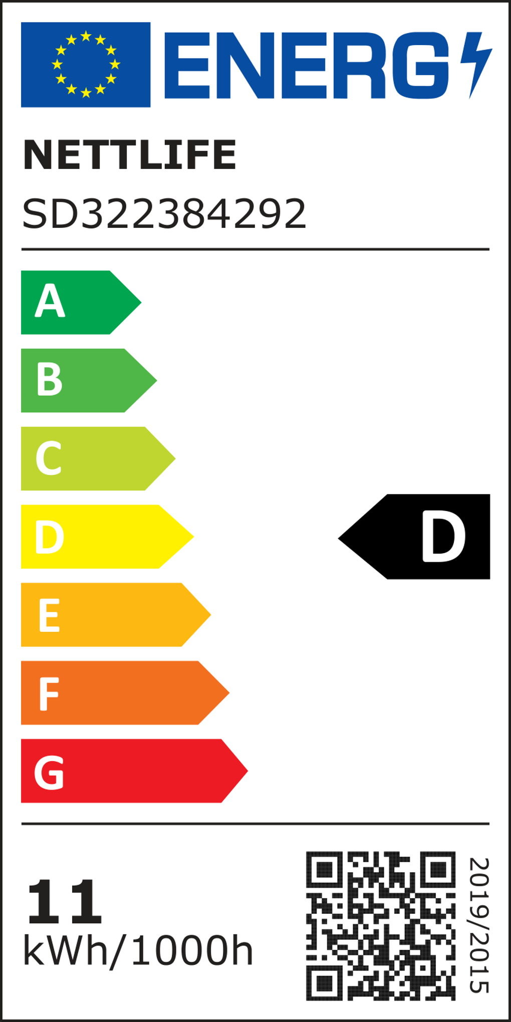 Etykieta energetyczna dla żarówki. Wyświetla klasę efektywności D, wartość kWh/1000h 11 oraz markę NETTLIFE.
