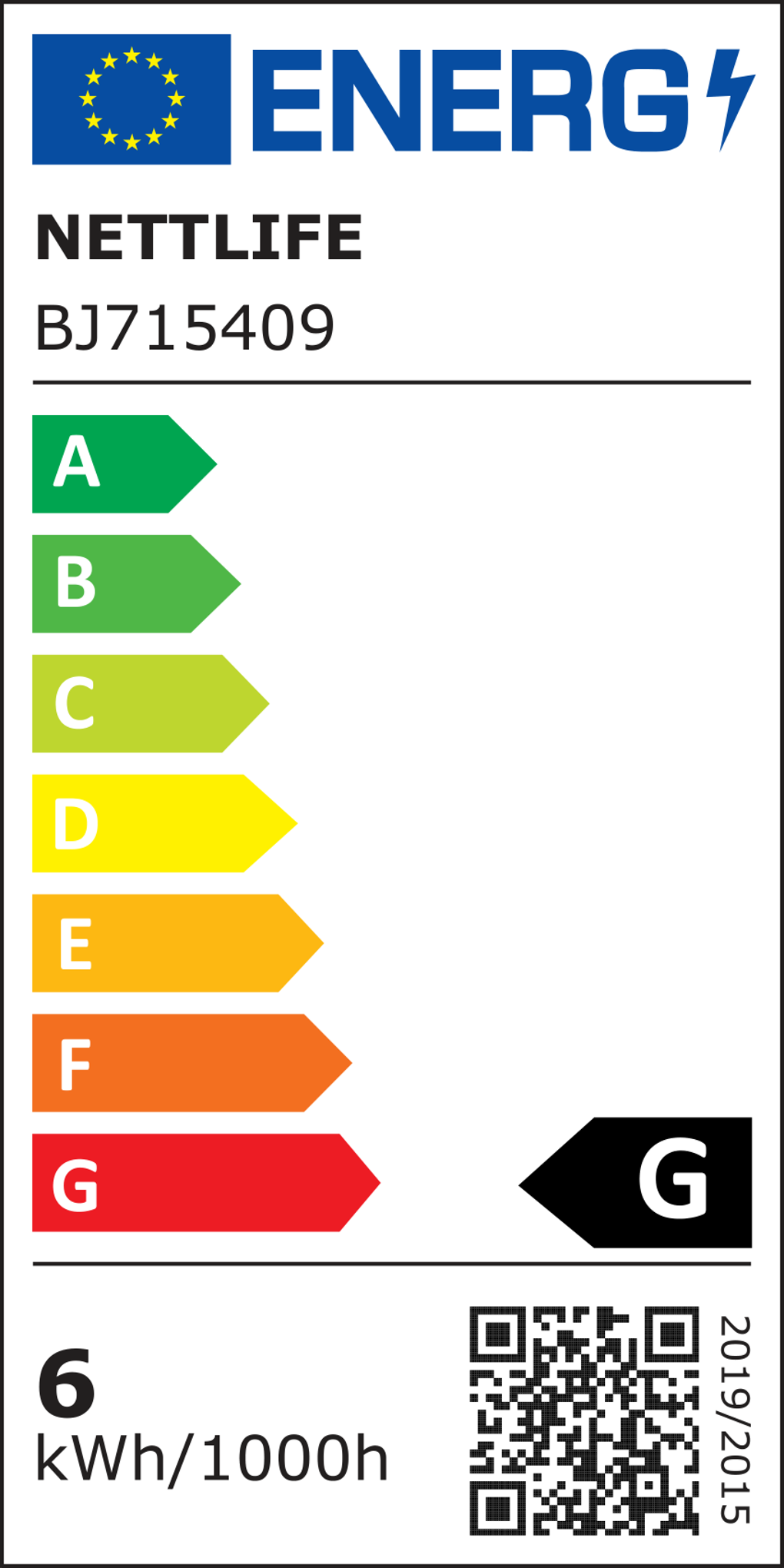 Etichetta energetica con bandiera UE, testo 'ENERGI', 'NETTLIFE', classi A-G e un codice QR.