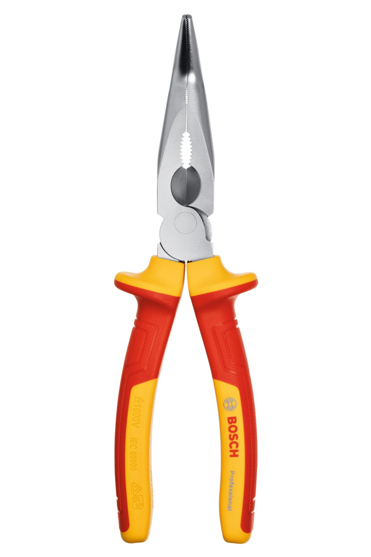 Gümüş metal çenelere ve kırmızı/sarı yalıtımlı tutamaklara sahip pense, Bosch Professional markası. Arka plan beyaz.