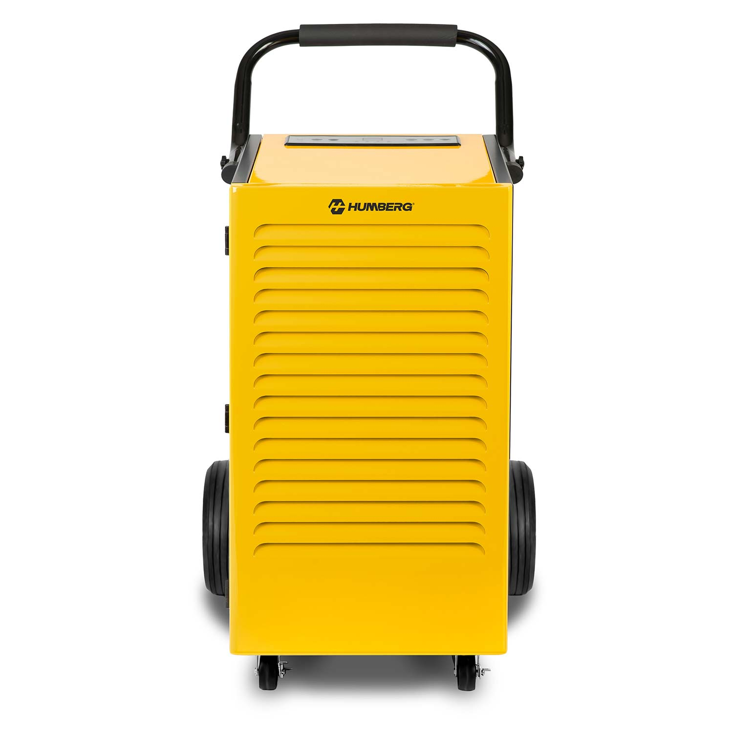Żółty osuszacz powietrza z czarnym uchwytem i kółkami. Przód ma poziome otwory wentylacyjne, z logo Humberg na górze.
