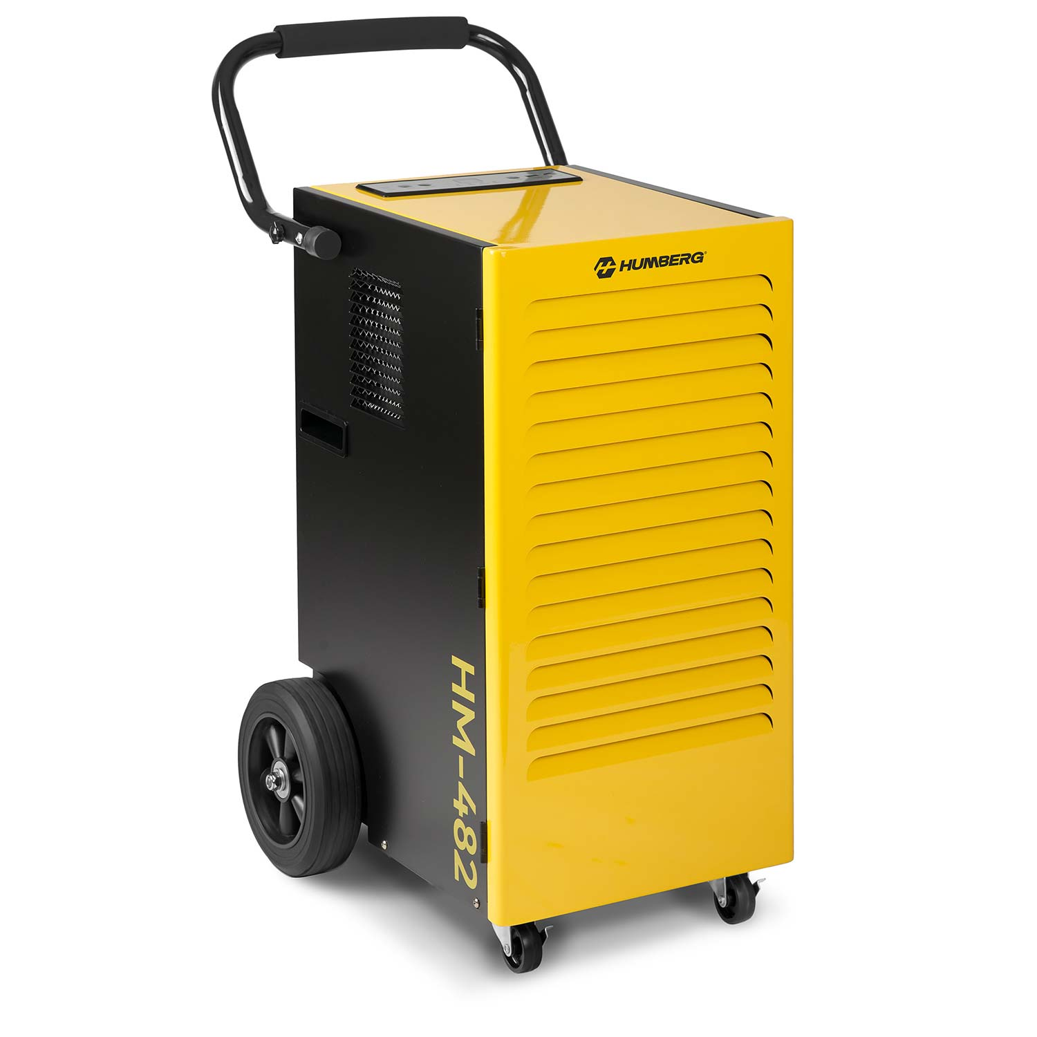 Żółto-czarny osuszacz z kółkami, uchwytem i napisem Humberg. Widoczny jest numer modelu HM-482.