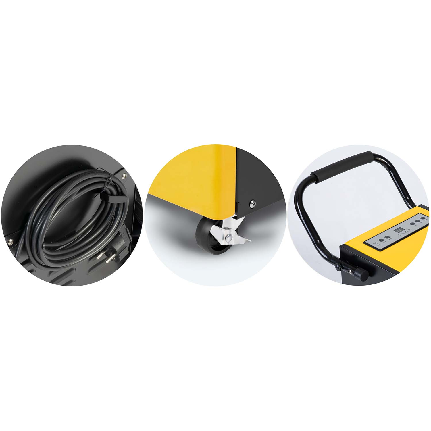 Zbliżenie maszyny. Szczegóły obejmują przewód zasilający, żółty panel, koło, uchwyt i panel sterowania z przyciskami.