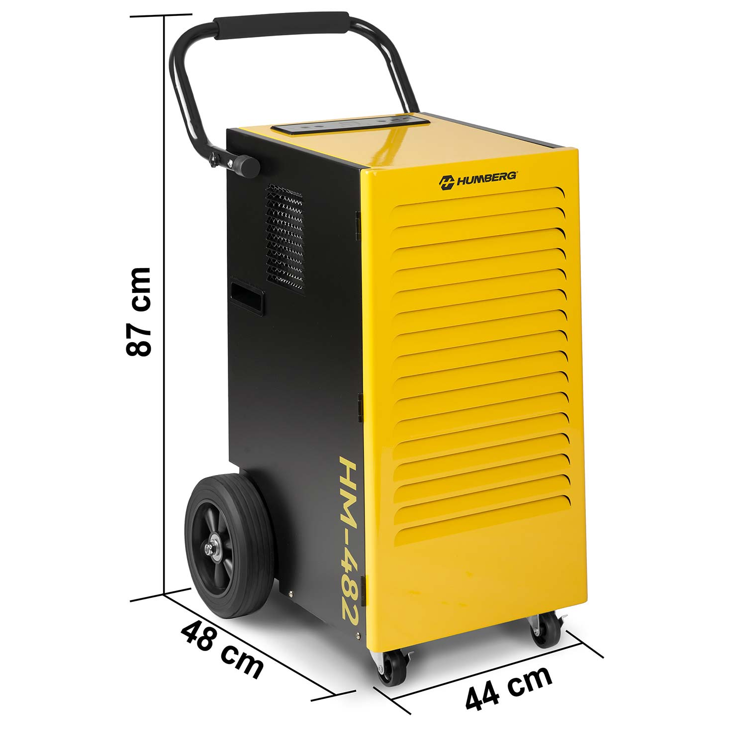 Żółty i czarny osuszacz powietrza z kołami, uchwytem i wymiarami. Marka Humberg, model HM-482.