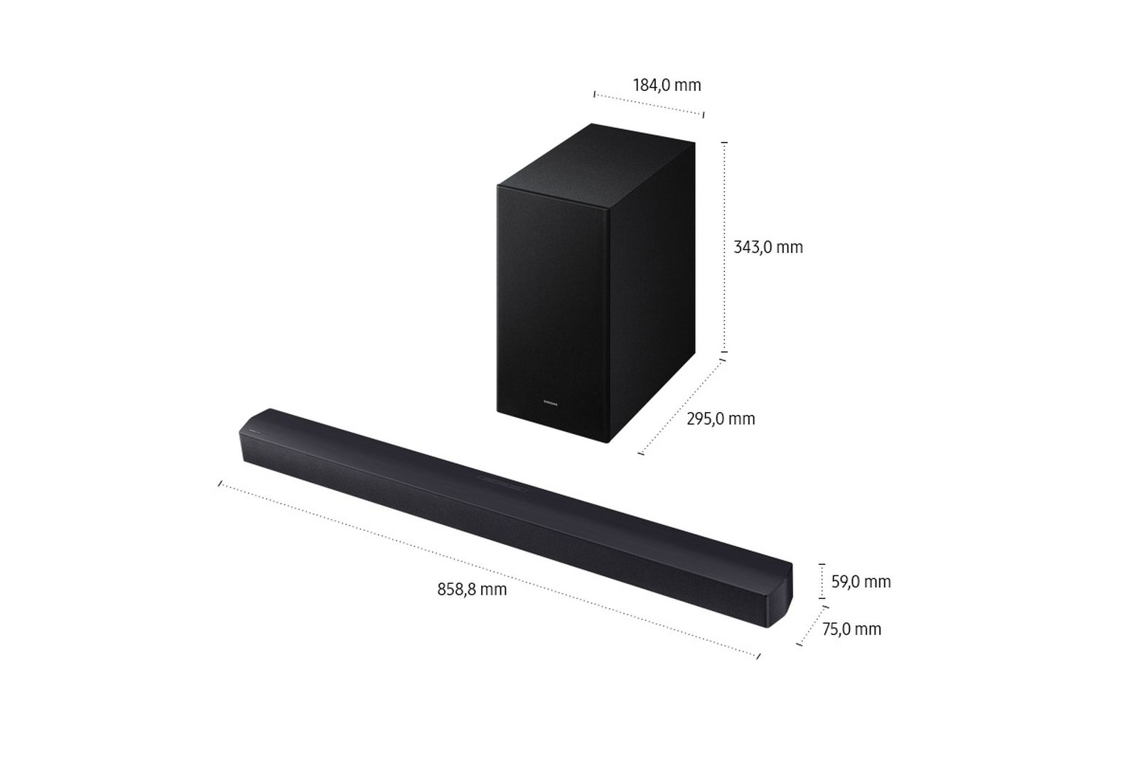 Ein schwarzes Soundbar- und Subwoofer-Set. Die Abmessungen sind auf dem Bild angegeben und zeigen die Größe jeder Komponente.