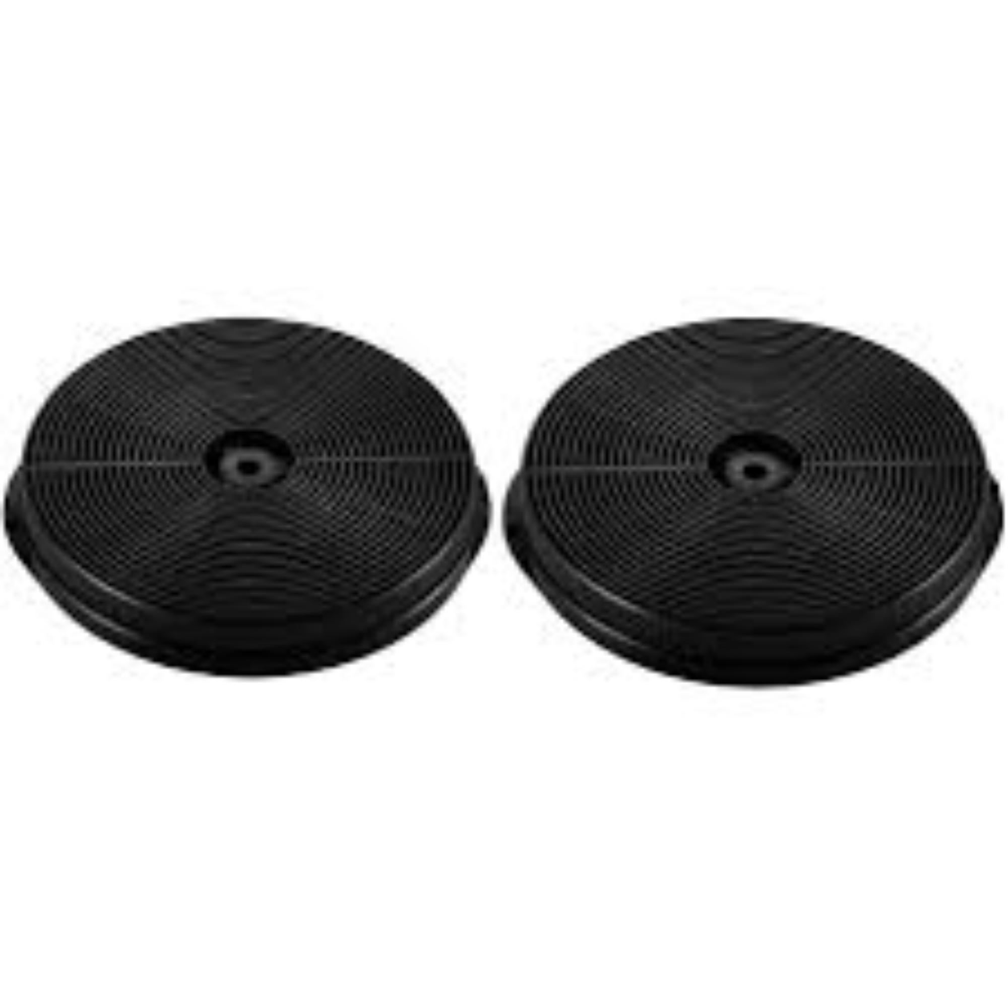 Two black, circular carbon filters, with concentric ridges, for a kitchen hood, are placed on a white background.