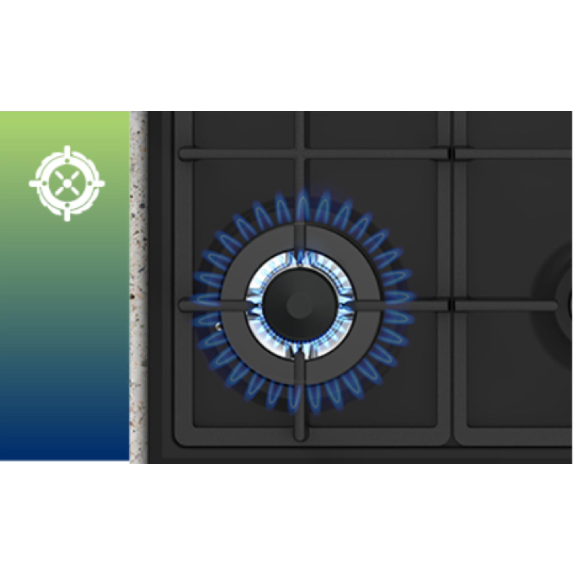 Nahaufnahme eines Gasherdbrenners mit blauen Flammen. Der Herd ist schwarz, mit einem weißen und grünen Design an der Seite.
