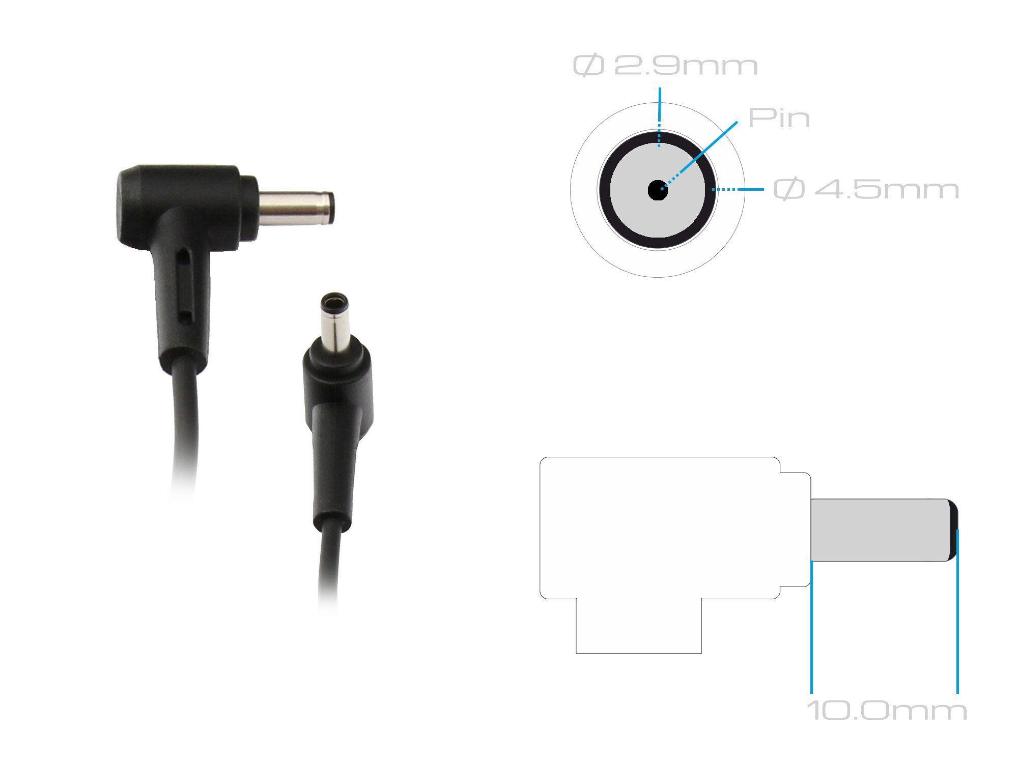 Diagramm eines schwarzen Netzadapters mit Pin und Maßangaben. Enthält eine Nahaufnahme des Pins und seiner Maße.