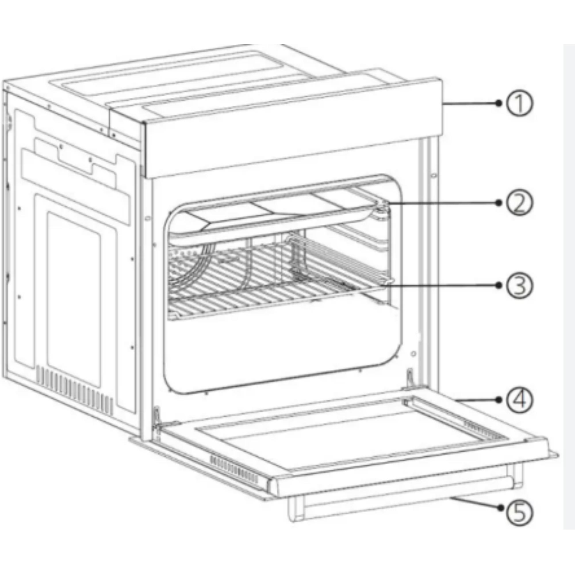 Diagram van een oven met open deur. Labels wijzen naar onderdelen: bovenkant, rek, verwarmingselement, deur en handvat. Allemaal in omtrek.