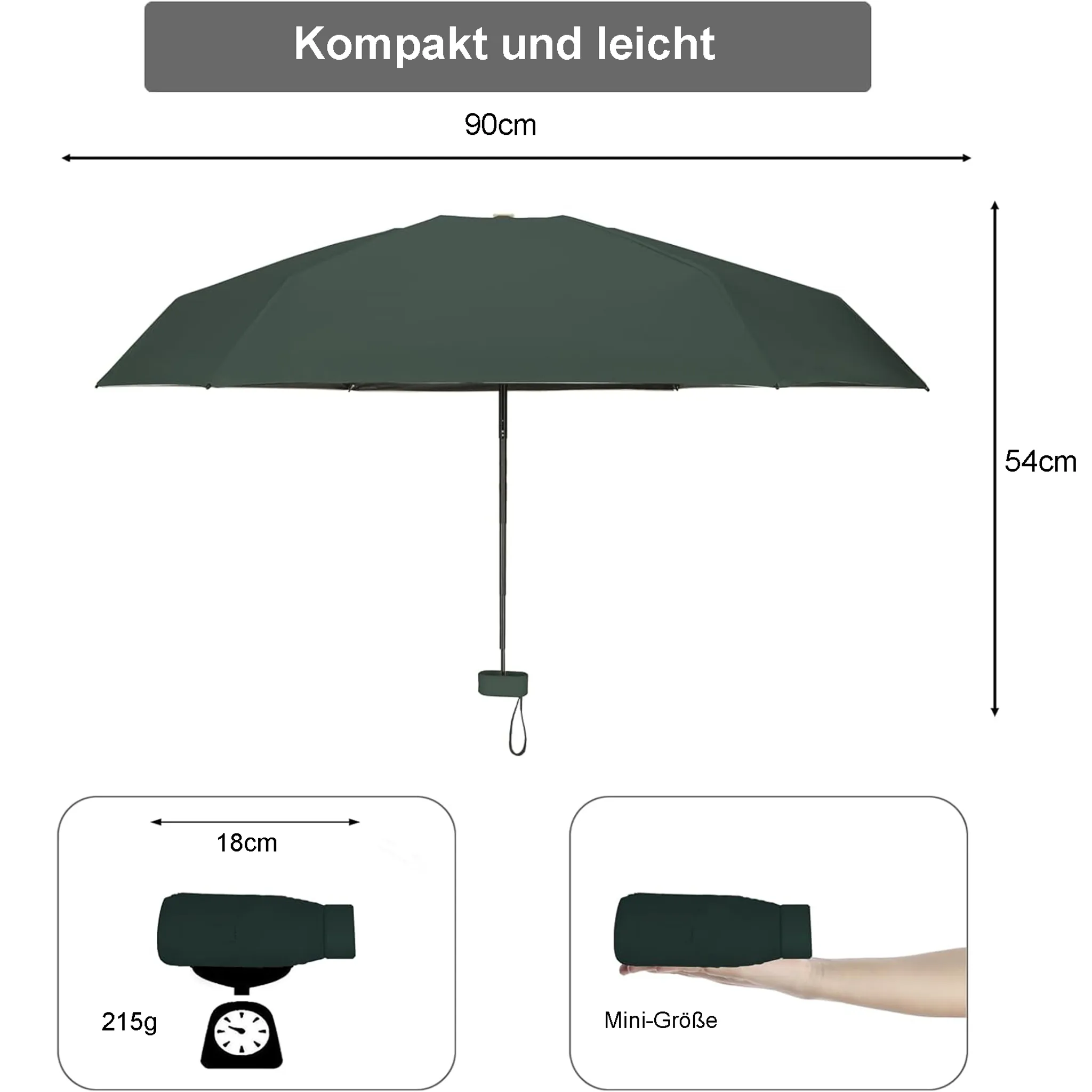 Grüner Regenschirm mit Maßen, Diagrammen des zusammengeklappten Schirms und Gewicht. Text: Kompakt und leicht.