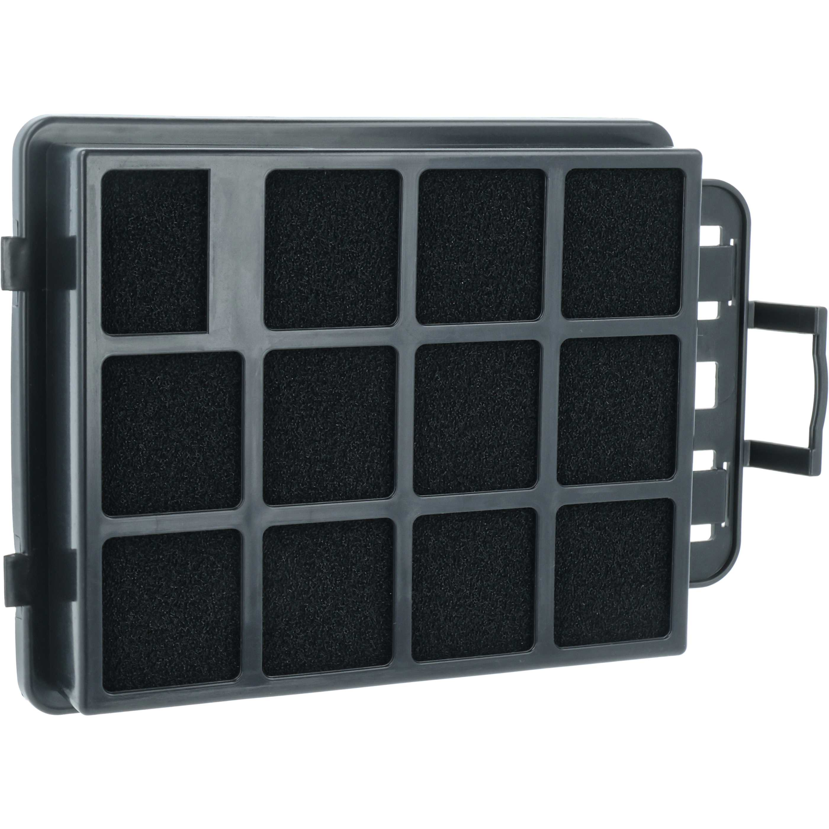 Ein grauer Luftfilter mit Griff. Es hat ein Rasterdesign mit schwarzem Filtermaterial in jedem Quadrat.