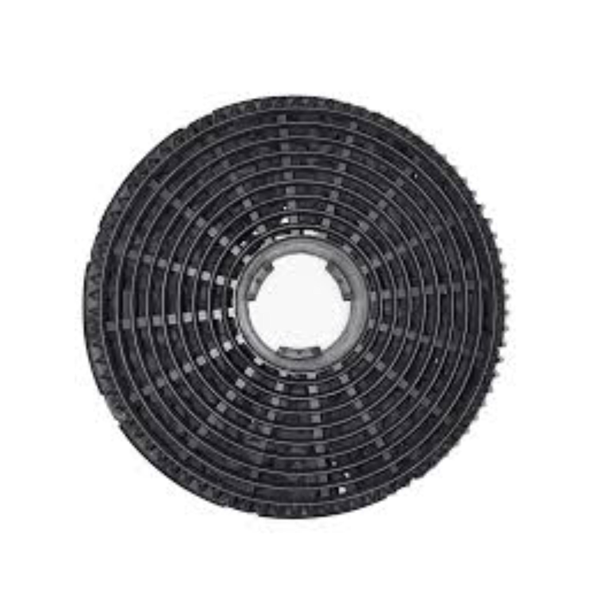 A circular black carbon filter with a central hole, designed with a honeycomb structure for air purification.