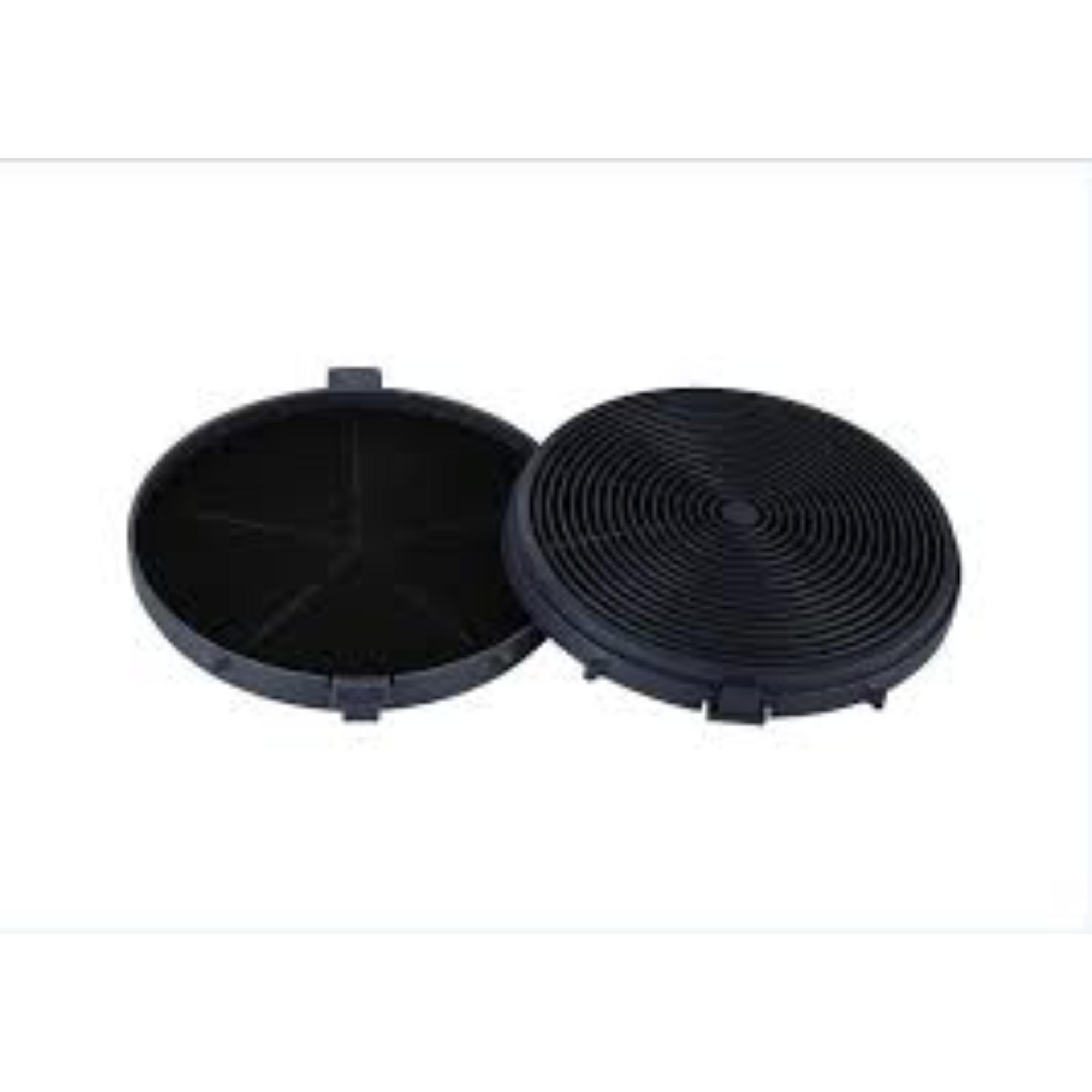Two black circular filters. One is open, showing a mesh. The other has concentric circles.