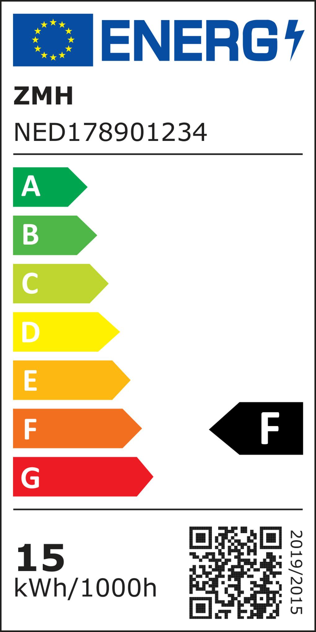 Energielabel mit EU-Flagge, Schriftzug 'ENERG' und Energieeffizienzklassen A bis G. Enthält einen QR-Code und '15 kWh/1000h'.