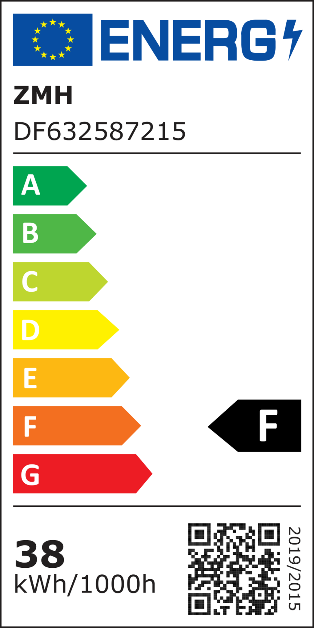 Energielabel mit Energieeffizienzklasse. Es zeigt eine europäische Flagge, das Wort ENERG und die Bewertung von A bis G.