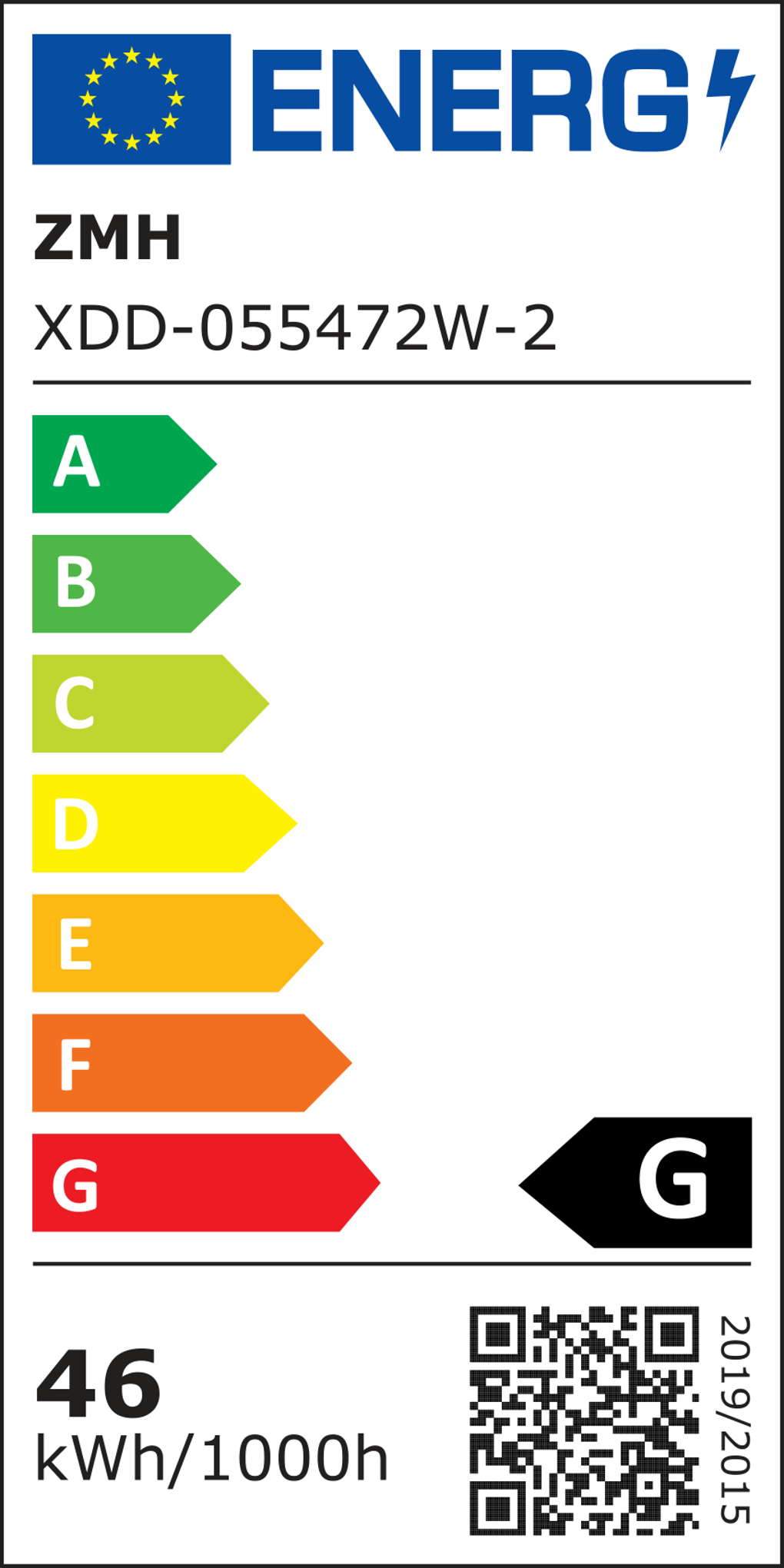 Energielabel mit EU-Logo und 'ENERG'. Es zeigt Energieeffizienzklassen von A bis G, mit der Bewertung 'G'.