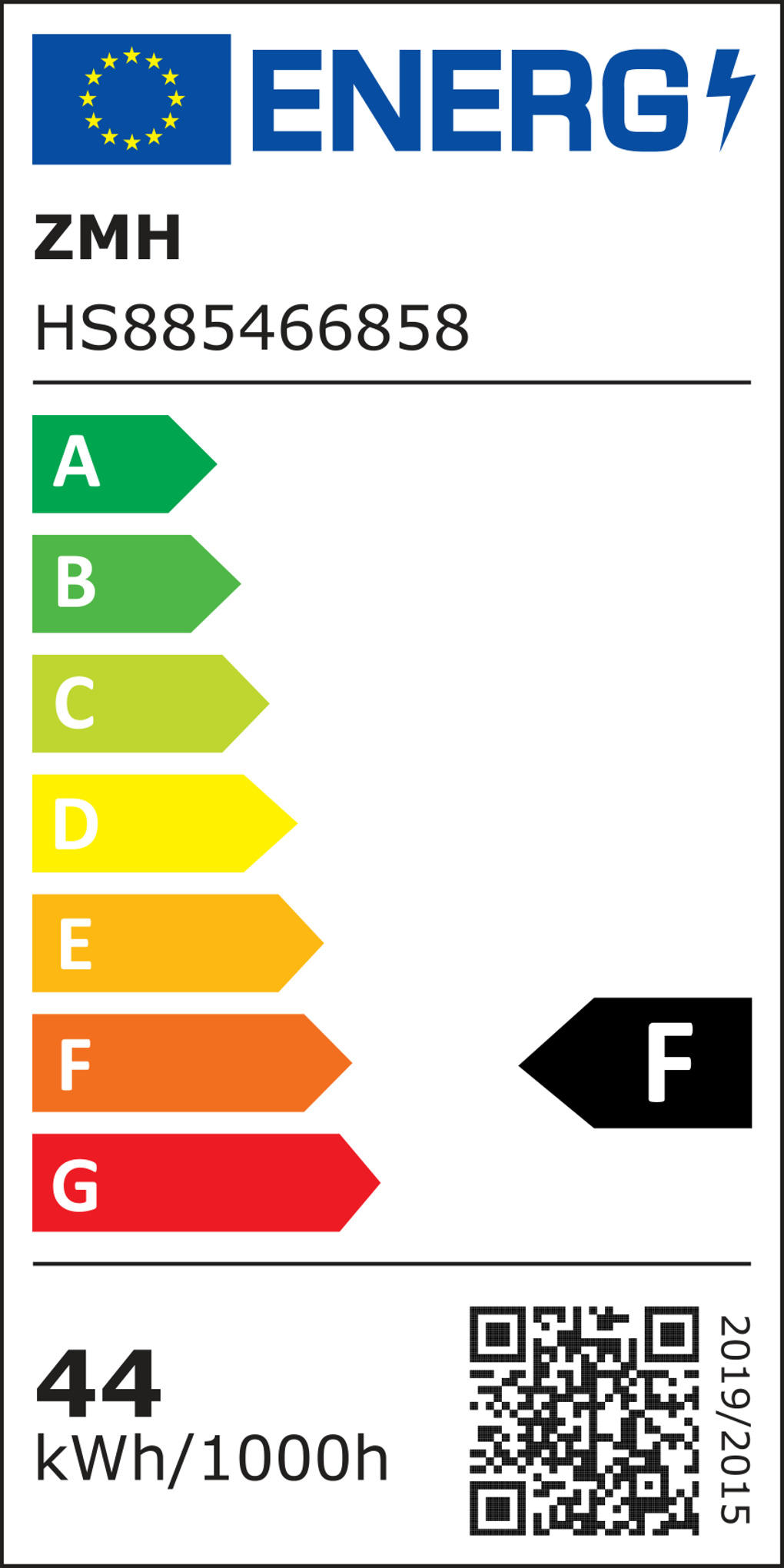 Energielabel mit Bewertungen von A bis G. Das Etikett hat die EU-Flagge, ZMH, HS885466858 und Energieeffizienzdetails. Es zeigt eine F-Bewertung.