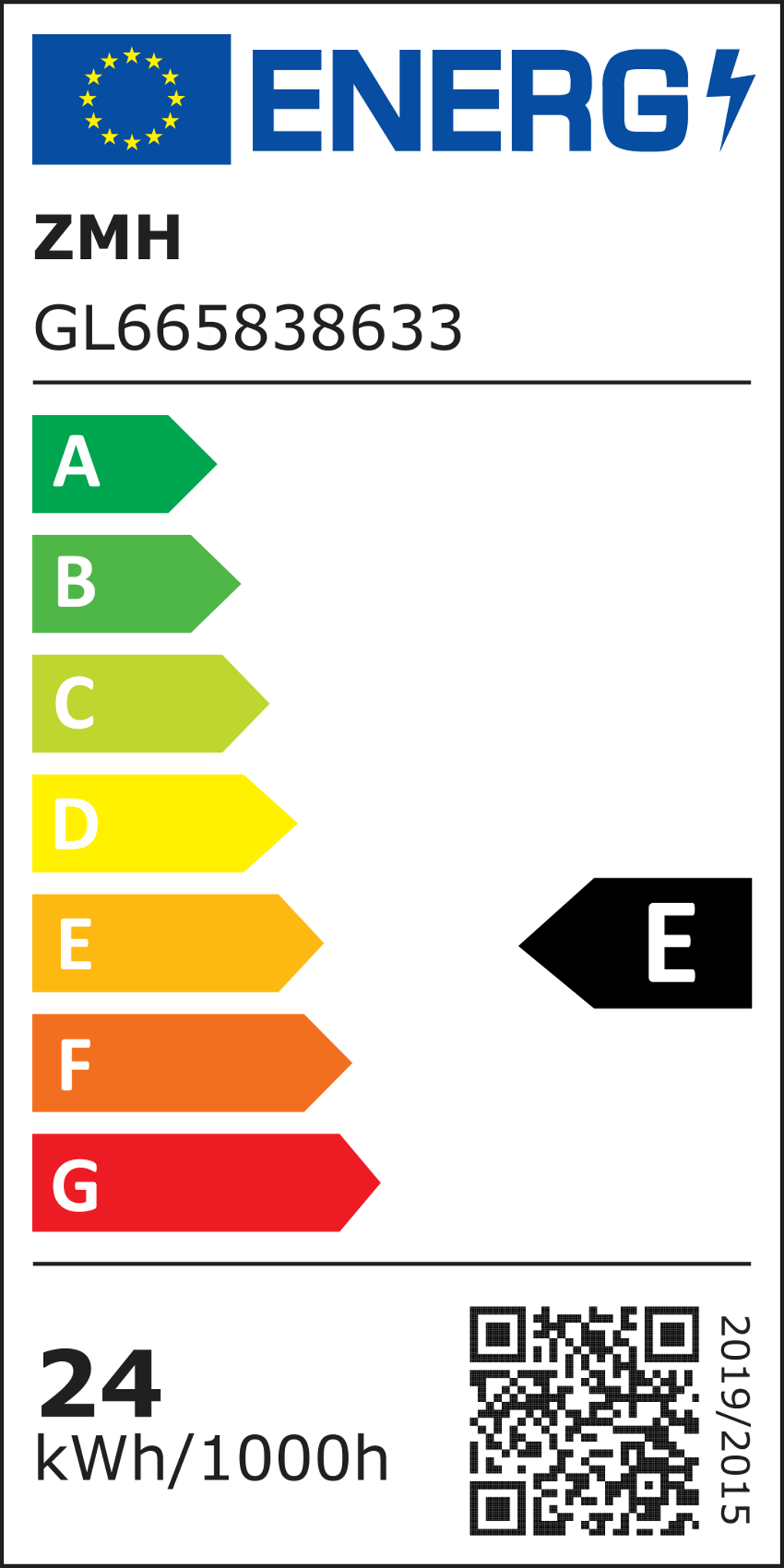 Energielabel zeigt Effizienzklassen A-G. Das Produkt ist mit E bewertet. Enthält einen QR-Code und Energieverbrauchsdaten.