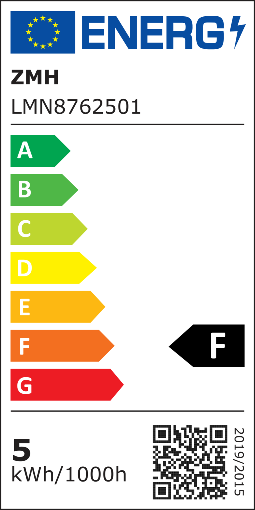 Energielabel mit EU-Logo und 'ENERG'. Es zeigt Energieeffizienzklassen von A bis G, wobei 'F' hervorgehoben wird.