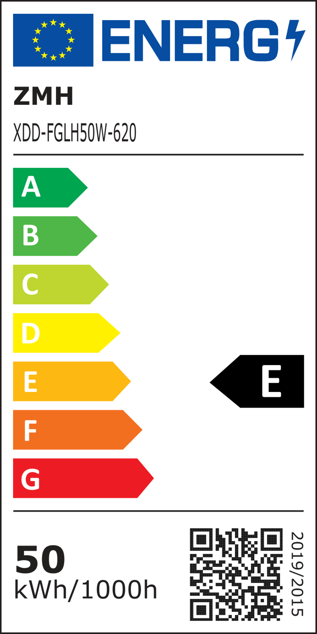 Energielabel für eine Glühbirne, mit Effizienzklasse E, Skala A bis G. Energieverbrauch in kWh wird angezeigt.