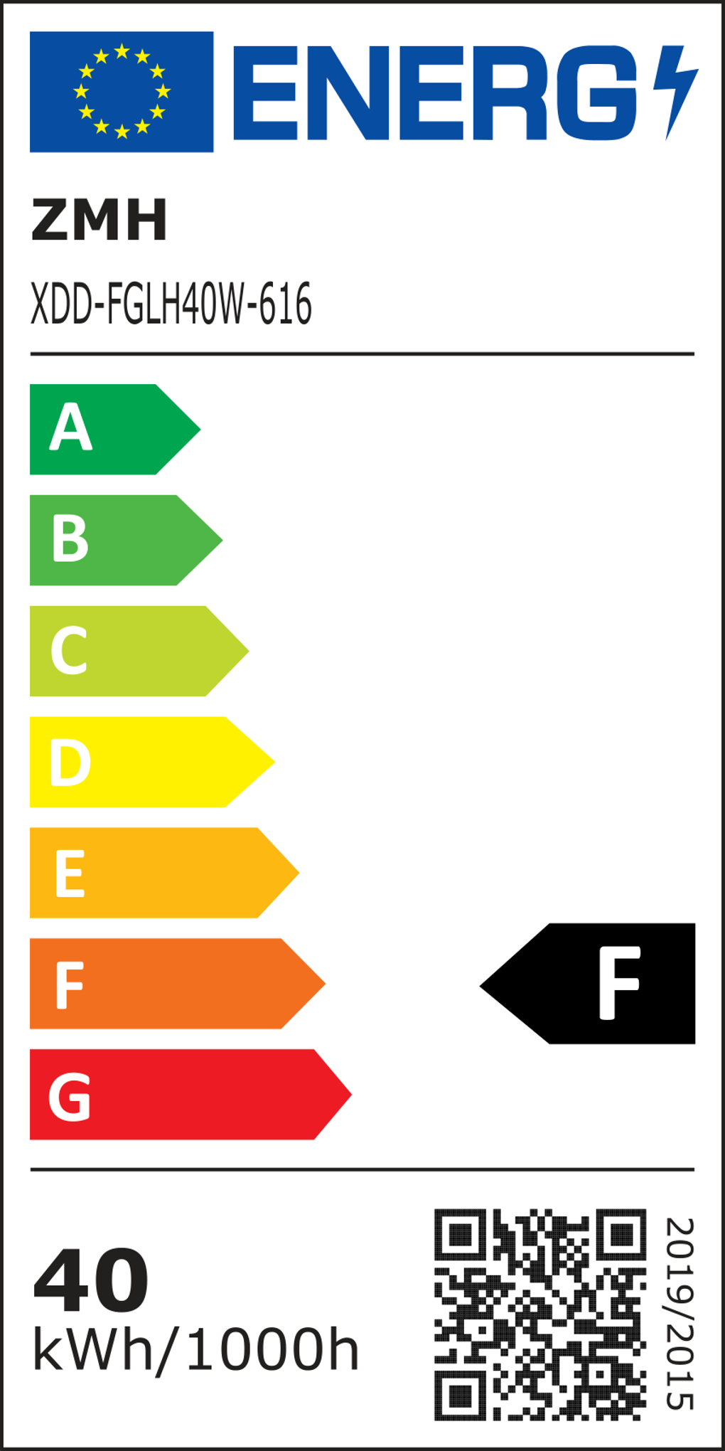 Energielabel mit A- bis G-Bewertungen. Das Produkt ist mit F bewertet. Enthält Informationen zum Energieverbrauch.