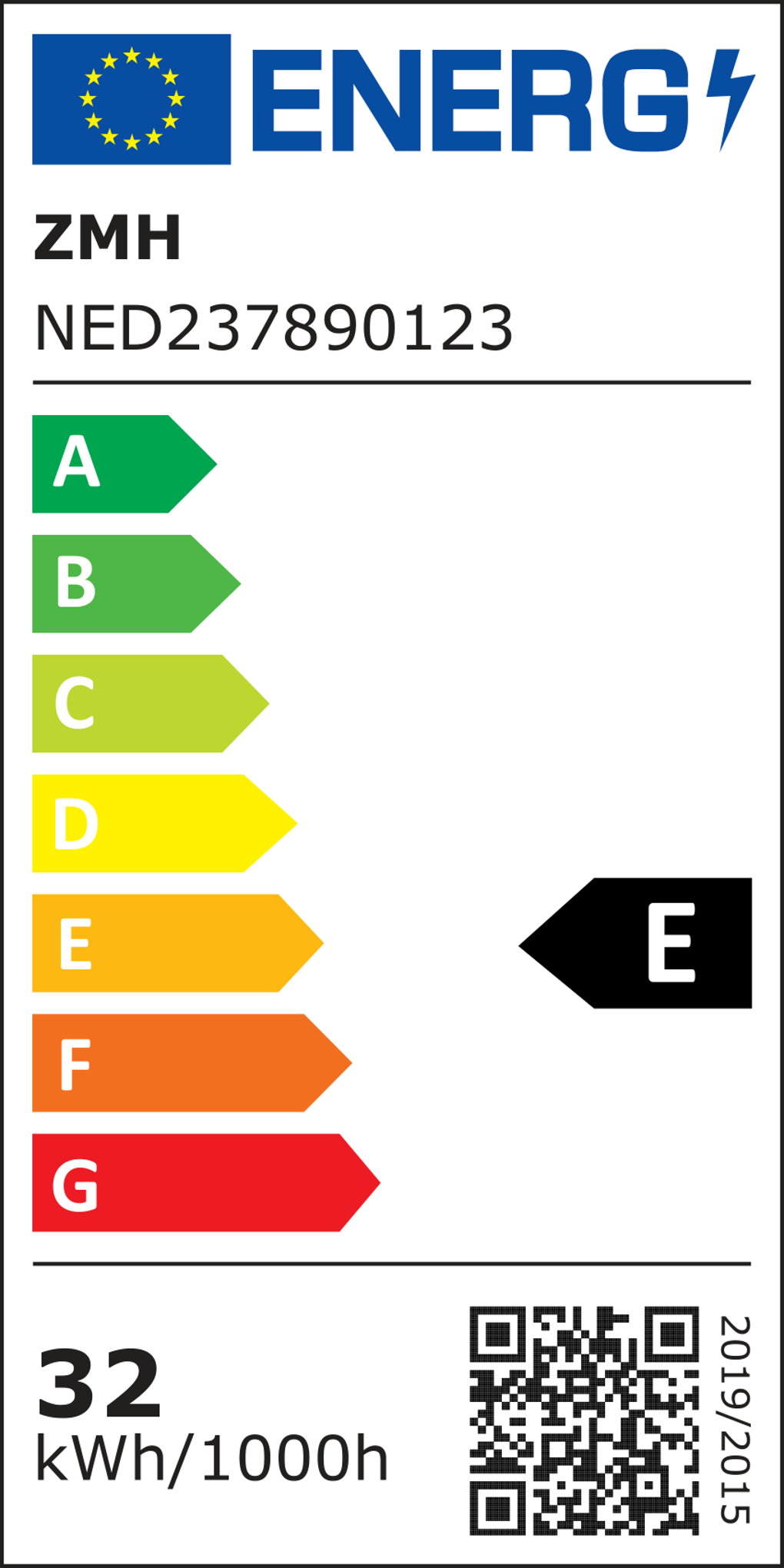Energielabel mit EU-Flagge, Markennamen und Energieeffizienzklassen A bis G mit Bewertung E. Der Stromverbrauch beträgt 32 kWh/1000h.