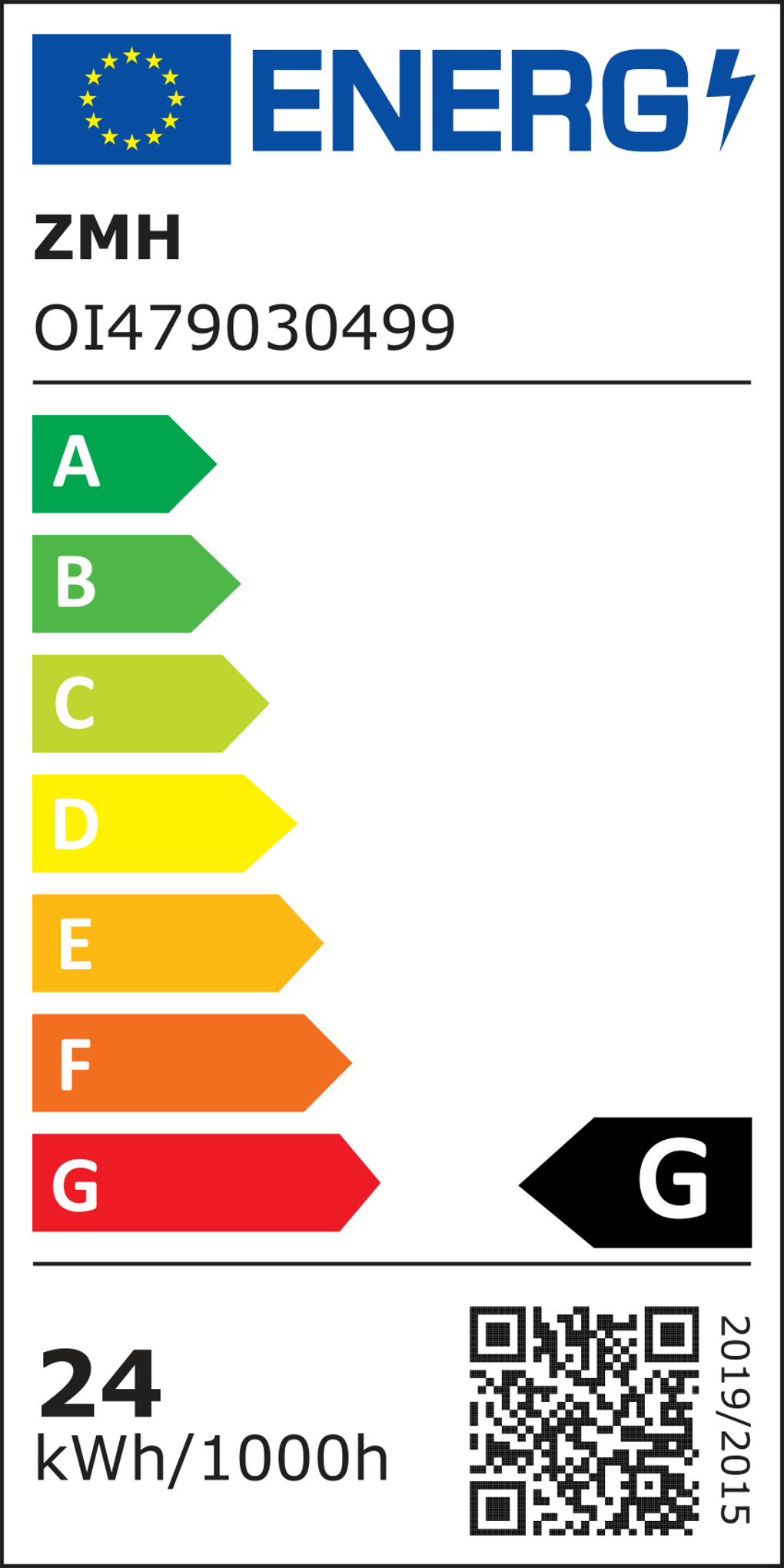 Energielabel mit EU-Logo. Es zeigt Energieeffizienzklassen von A bis G, mit der Klasse 'G'. Es zeigt den Energieverbrauch.