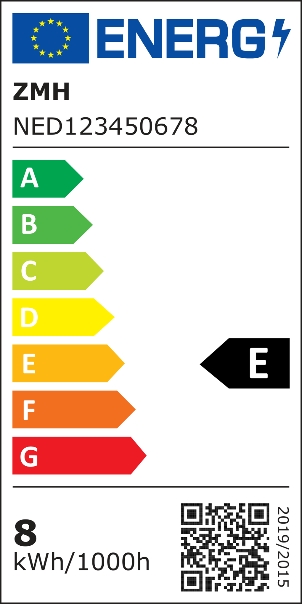 Energielabel mit A-G-Bewertungen. Das Etikett hat eine Europaflagge, Text 'ENERG' und Bewertung 'E'.