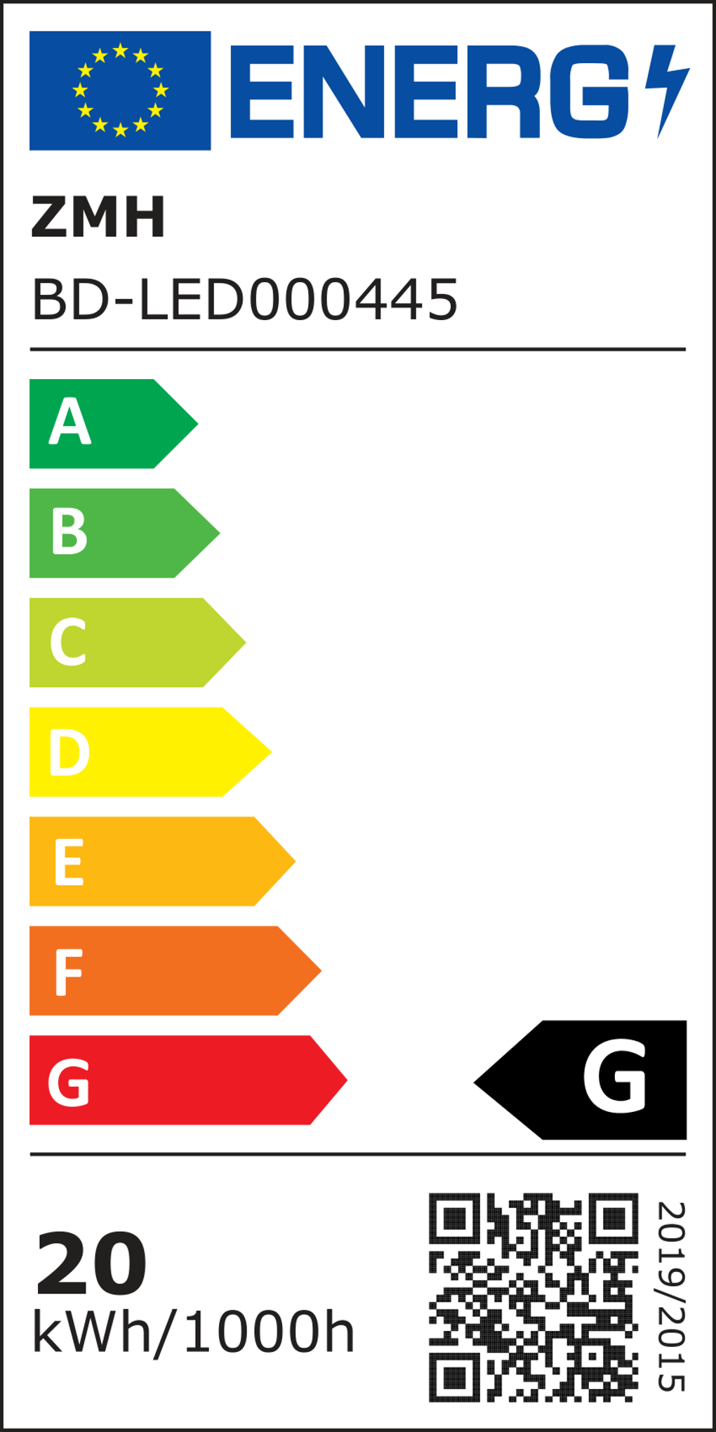 Energielabel für eine Lampe. Mit EU-Flagge, Schriftzug 'ENERG' und Effizienzklassen von A bis G. Zeigt Bewertung 'G'.