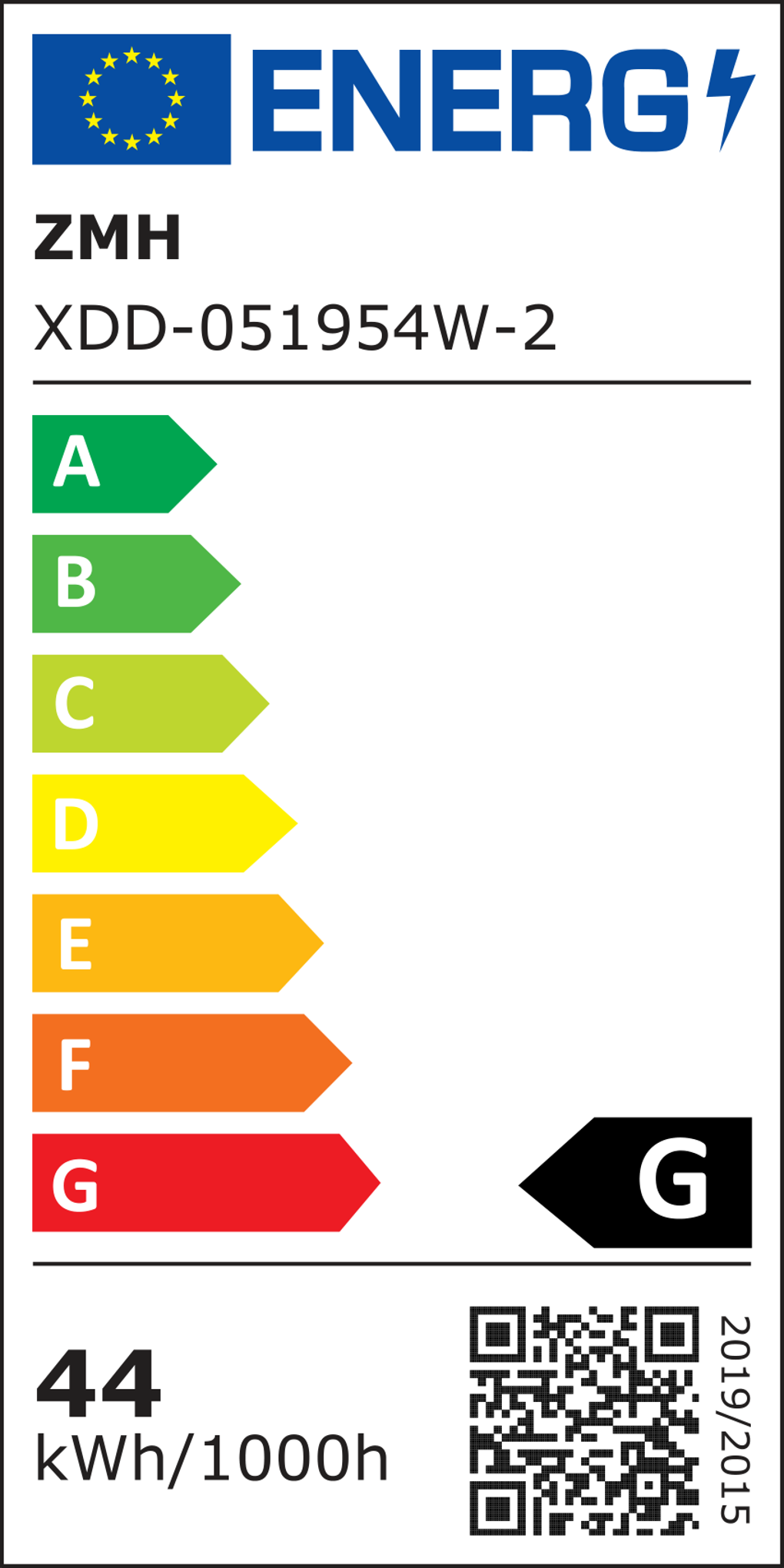 Energielabel mit EU-Flagge, Text "ENERG" und Energieeffizienzskala von A (grün) bis G (rot), mit einem QR-Code.