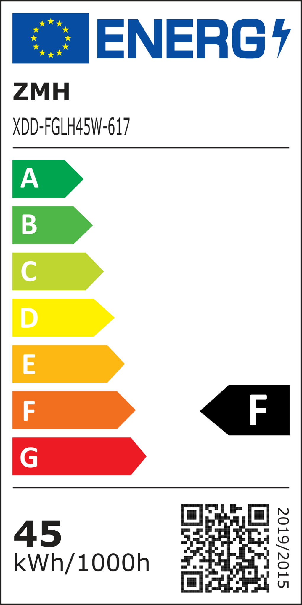 Energielabel mit EU-Flagge, Markenname und Energieeffizienzklassen A bis G. Das Label zeigt 'F' für dieses Produkt.