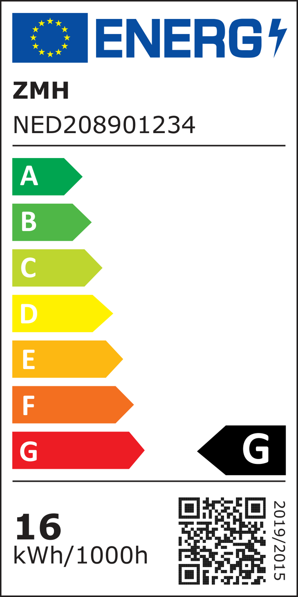 Energielabel mit EU-Flagge, Markenname, Modellnummer und Energieeffizienzklassen A-G. Bewertung ist G. Zeigt 16 kWh/1000h.