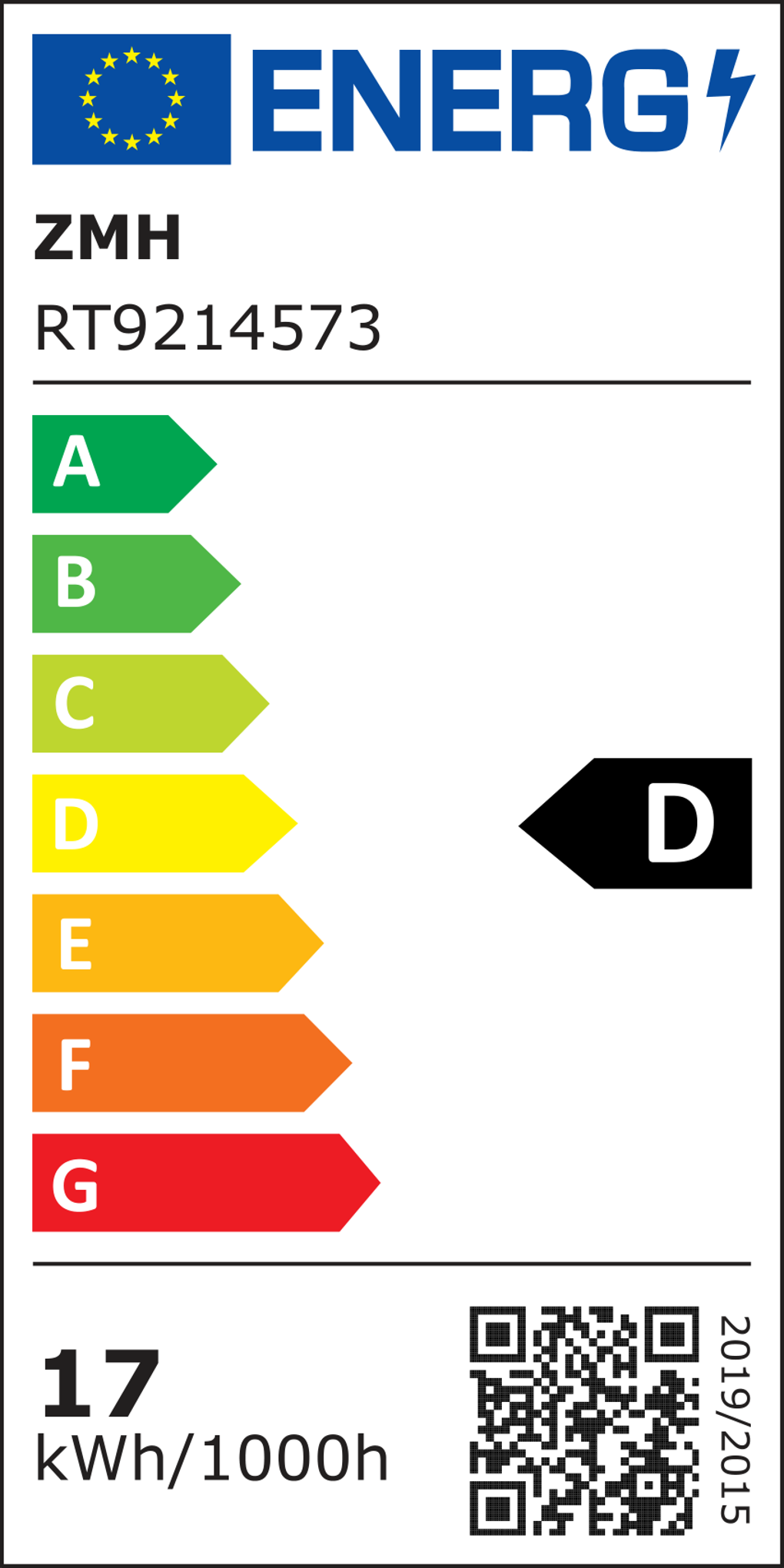 Energielabel. Zeigt die Energieeffizienz von A bis G. Produktname, Modellnummer und Energieverbrauchsdetails sind ebenfalls vorhanden.