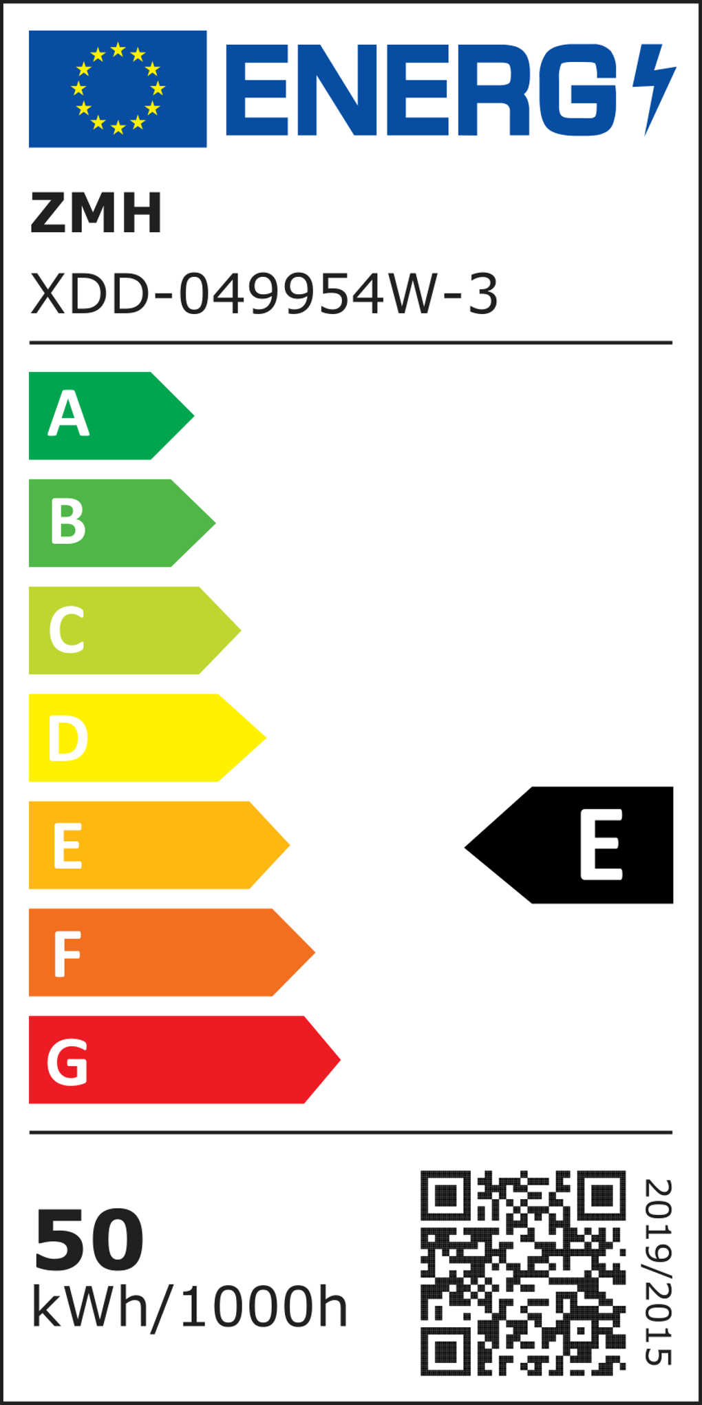Energielabel. Zeigt Effizienzklassen von A bis G. Zeigt die Bewertung 'E'. Enthält QR-Code und Text '50 kWh/1000h'.