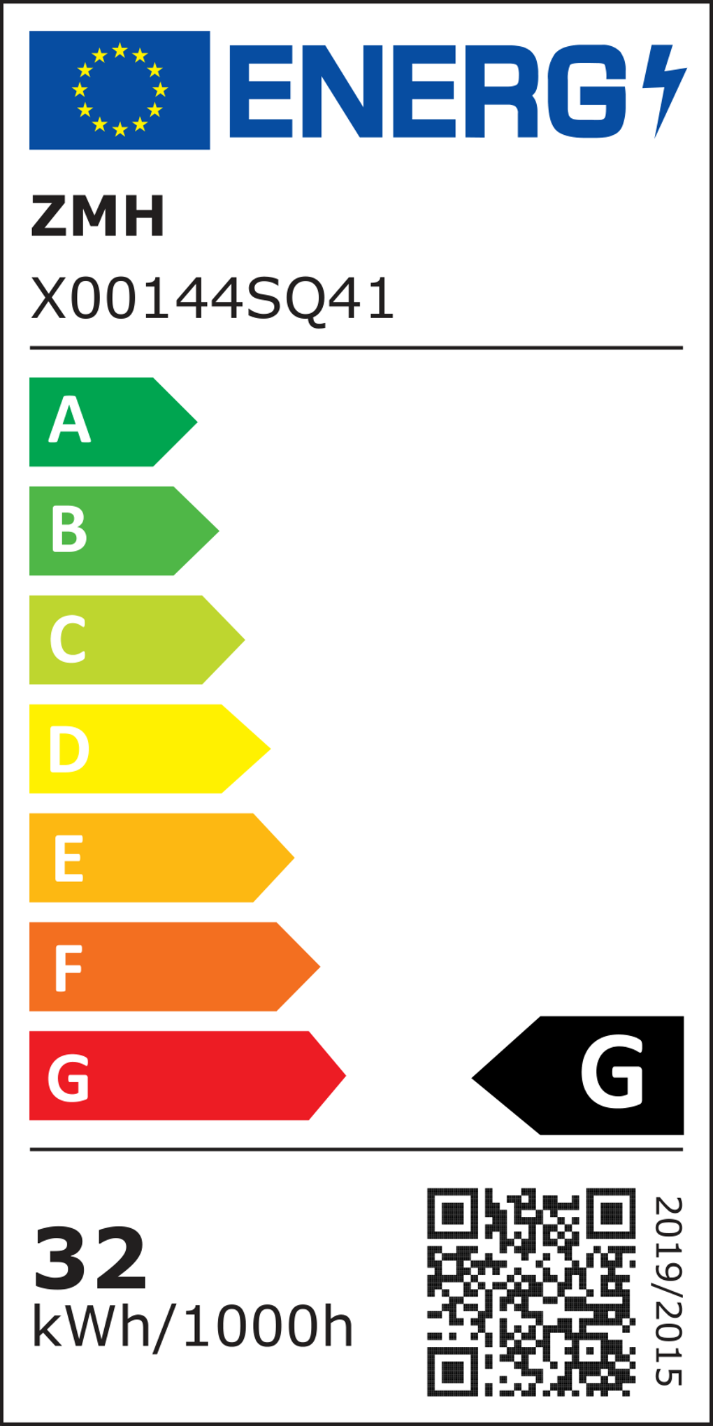Energielabel mit Energieeffizienzklasse. Es hat farbige Pfeile, von A (grün) bis G (rot), und einen QR-Code.