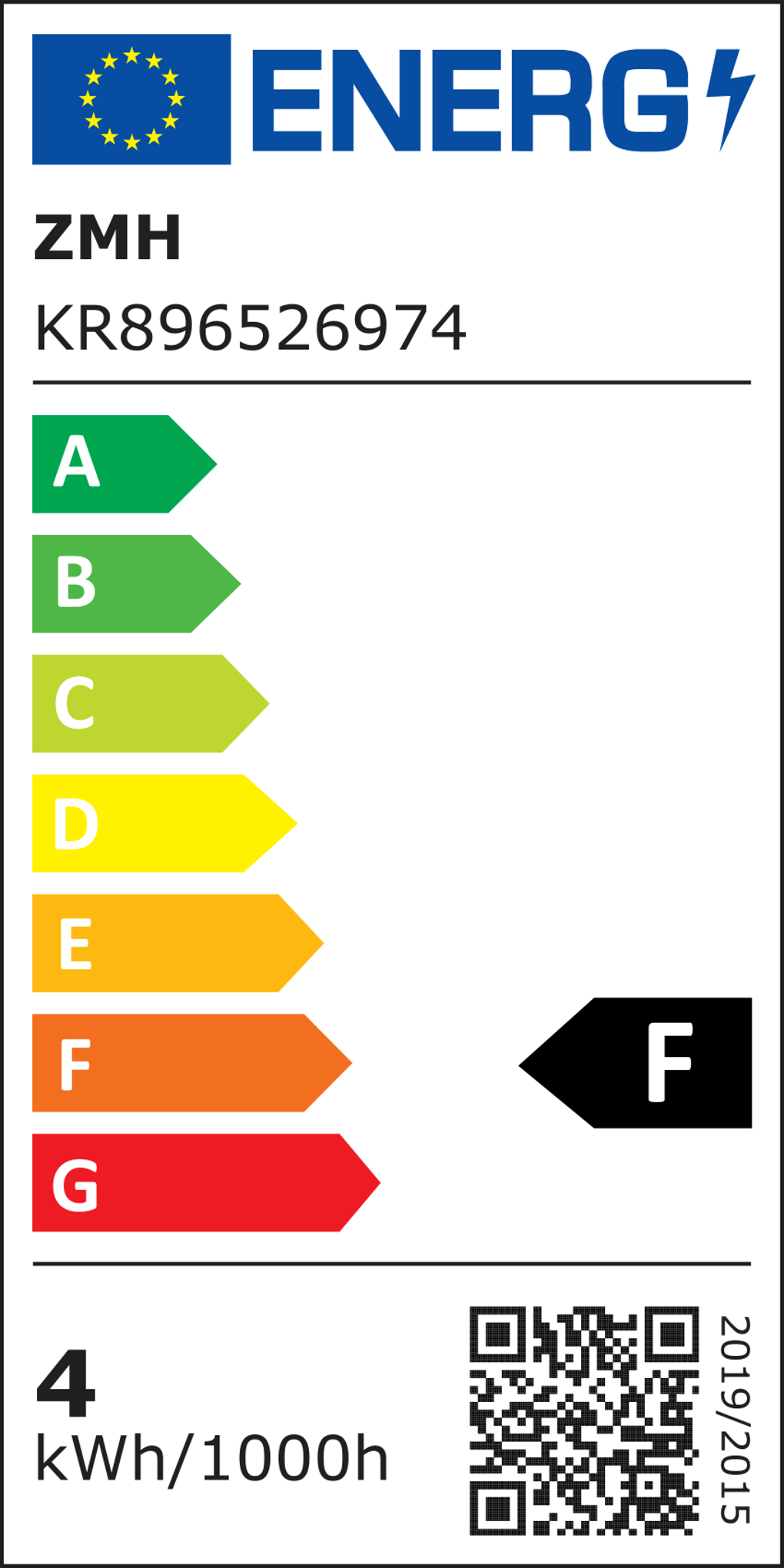 Energielabel mit der Effizienzskala von A bis G. Das Produkt ist mit F bewertet. Enthält QR-Code und Energieverbrauch.