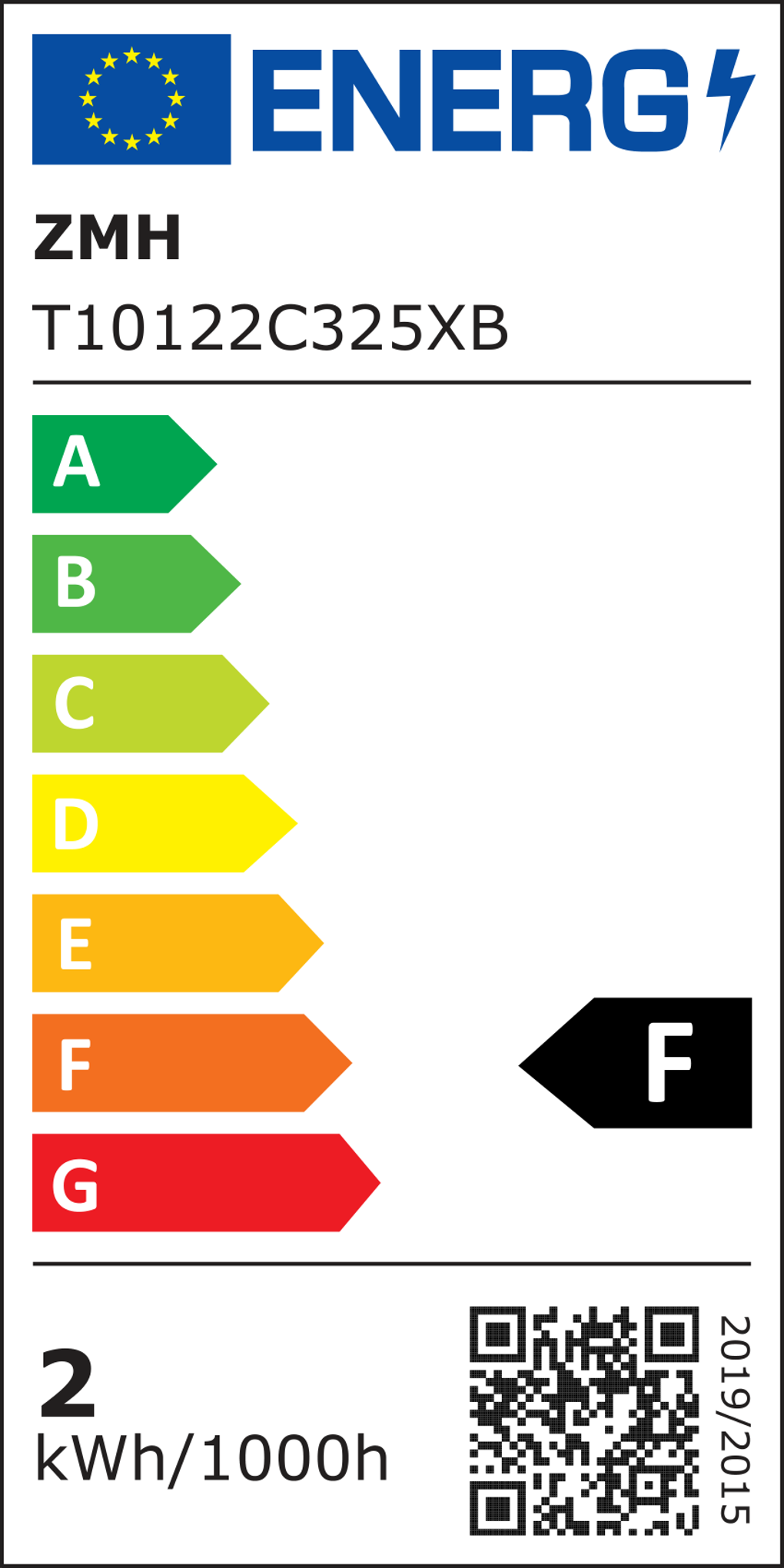 Energielabel mit EU-Logo und 'ENERGI'-Text. Zeigt Energieeffizienzklassen A bis G. Enthält QR-Code und '2019/2015'.