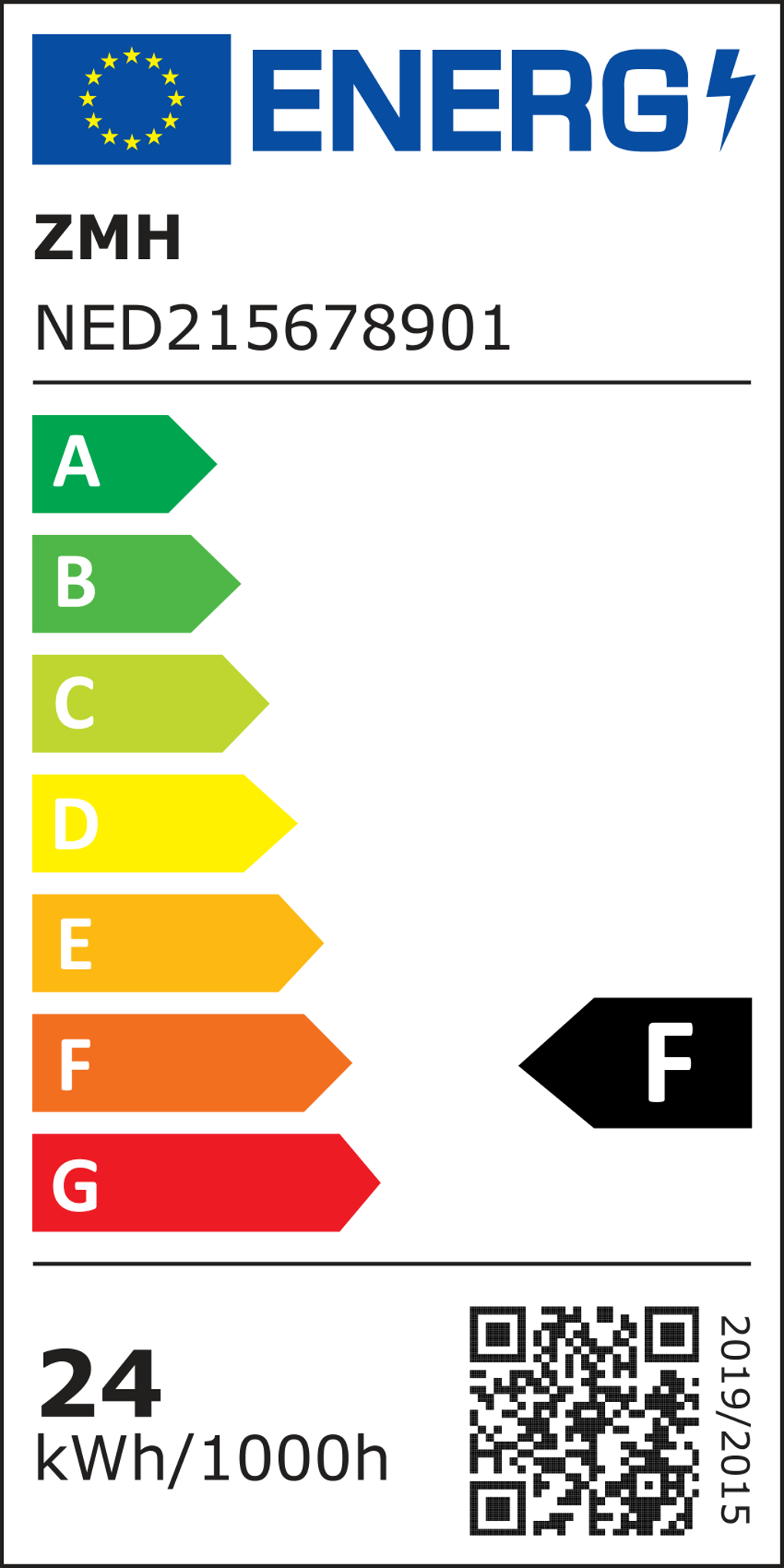 Etiqueta energética con la bandera de la UE, nombre de la marca y clasificaciones de eficiencia energética de la A a la G. Muestra 'F'.