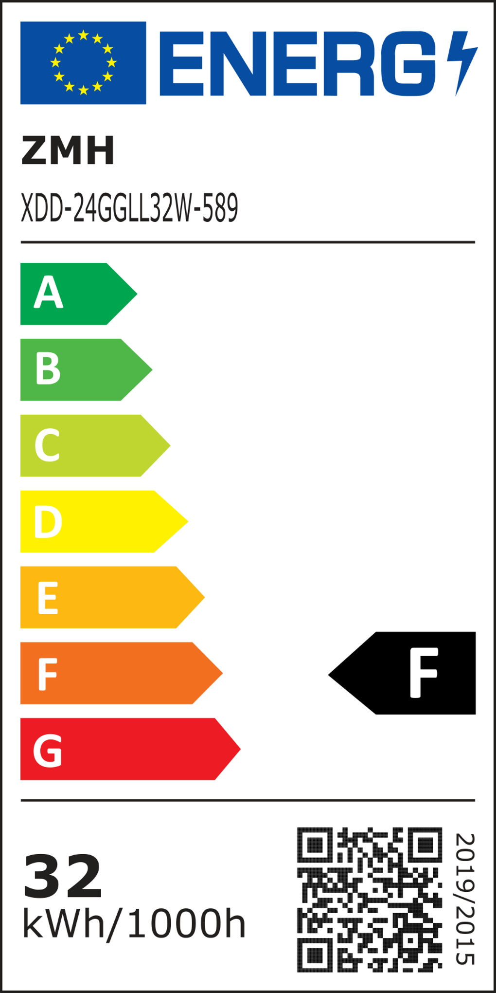 Energielabel. Zeigt Energieeffizienzklassen A bis G. Enthält QR-Code und Energieverbrauchsdaten.