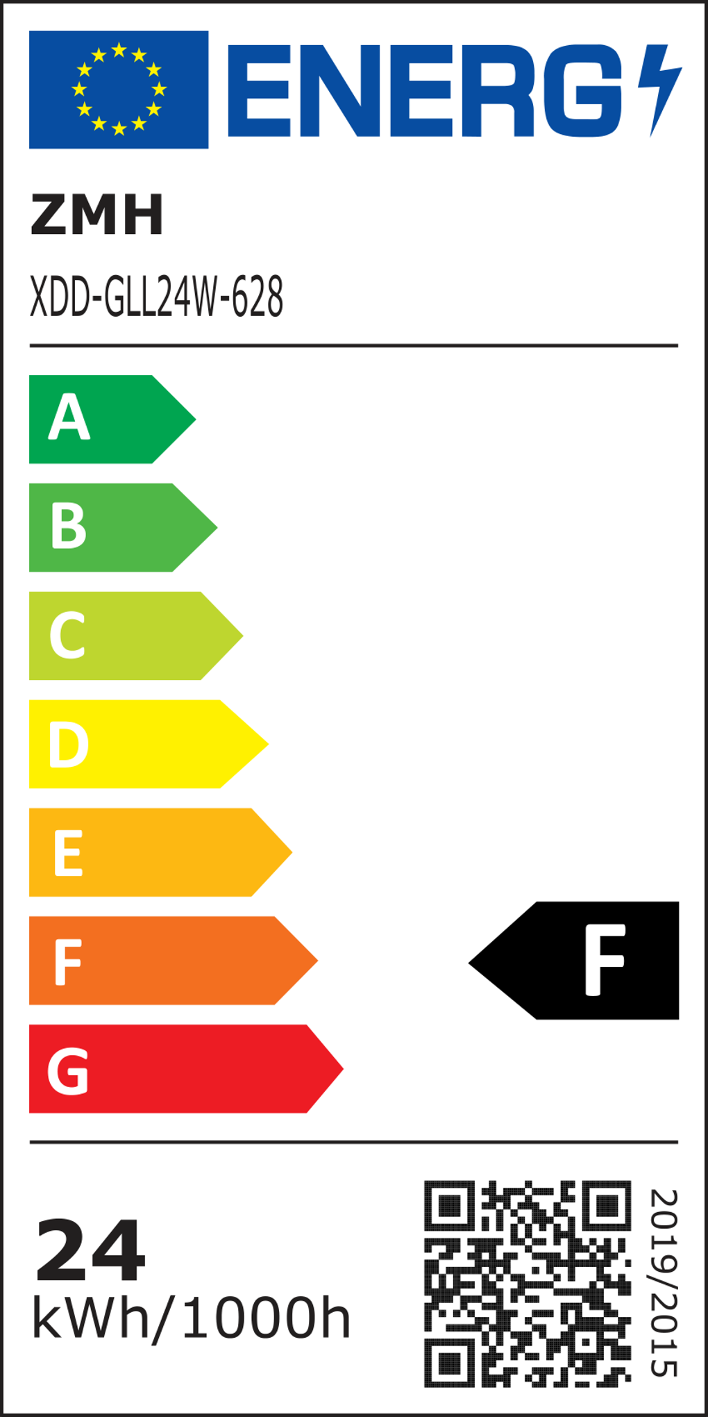 Energielabel mit EU-Logo, Bewertungen A-G, schwarze F-Bewertung und 24 kWh/1000h. Die Marke ist ENERG.