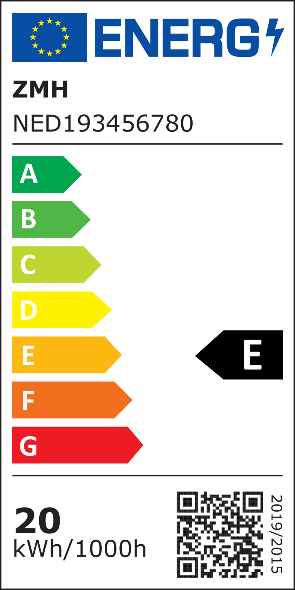 Energielabel mit Energieeffizienzklasse E. Enthält A-G Bewertungen, 20 kWh/1000h und einen QR-Code.