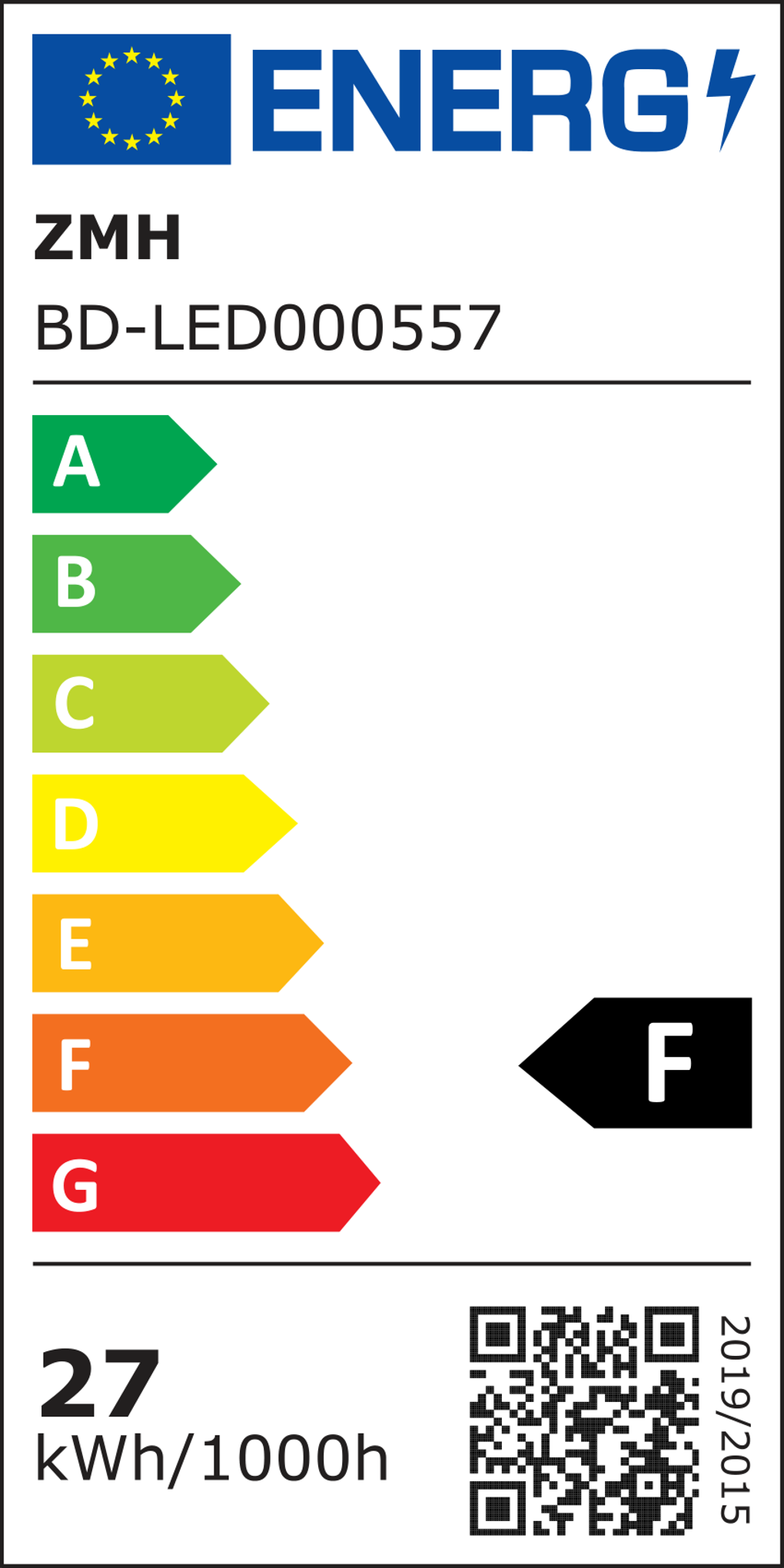Energielabel für eine Glühbirne. Zeigt Energieeffizienzklassen von A bis G mit der Bewertung F an. Verbrauch und QR-Code.