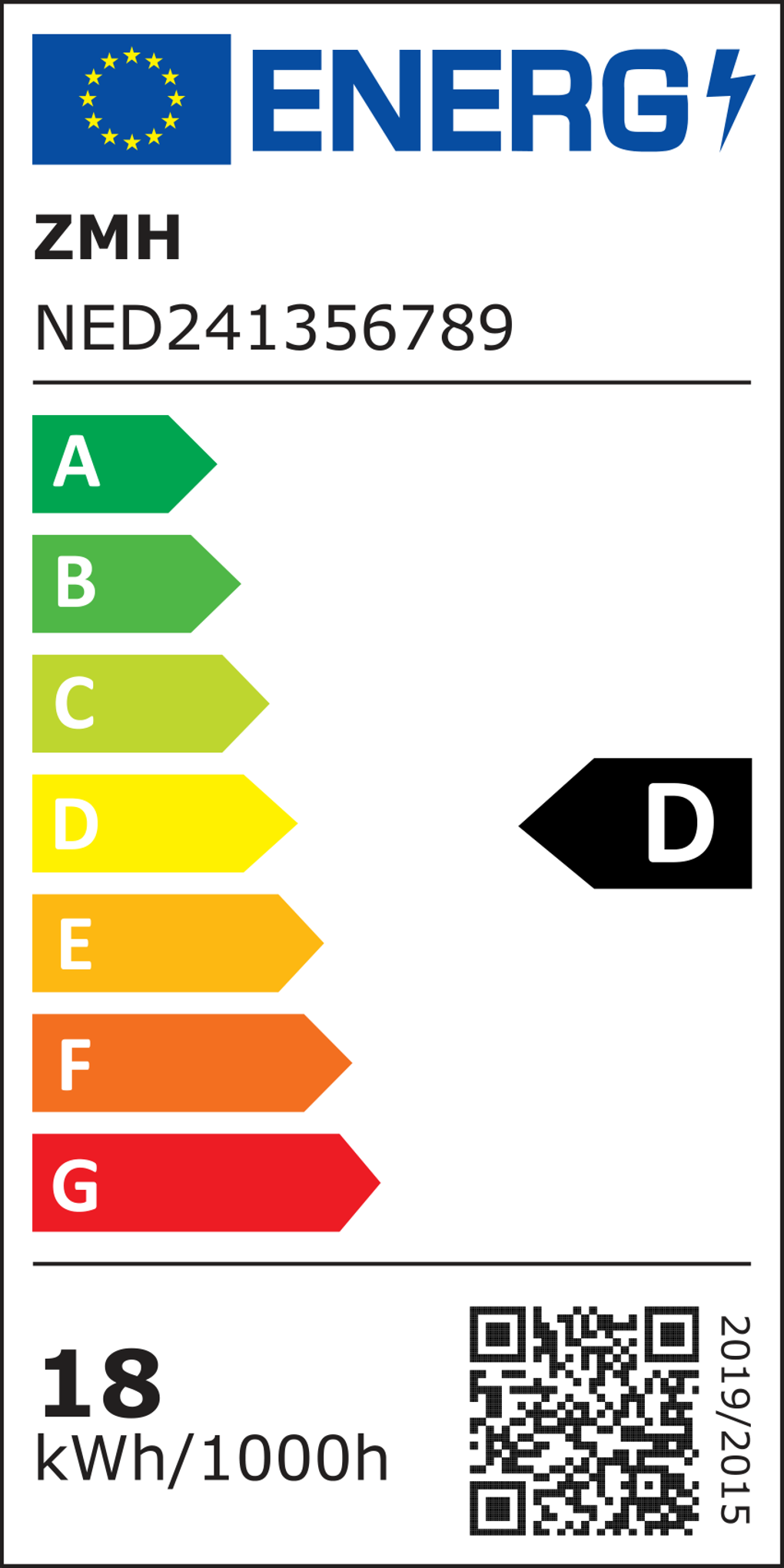 Energielabel mit Energieeffizienzklasse D, mit einer Skala von A bis G. Enthält einen QR-Code und weitere Informationen.